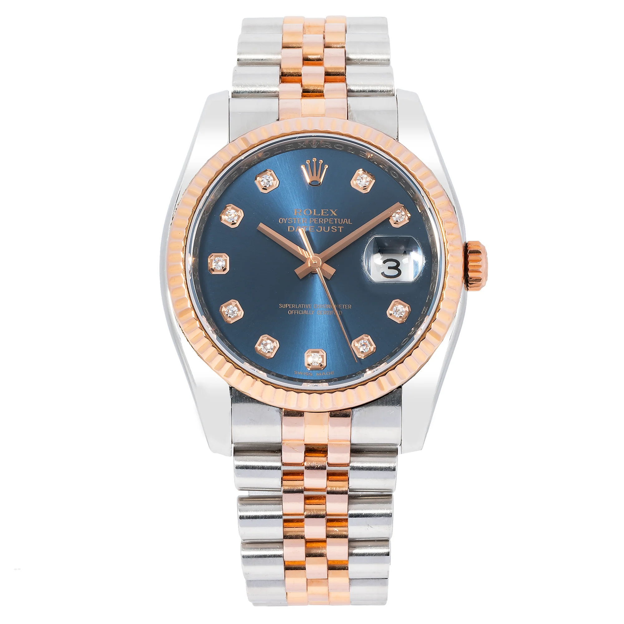 Rolex Datejust 36MM 116231 Blue Diamond Dial Fluted Bezel Two Tone Rose Gold Jubilee Bracelet