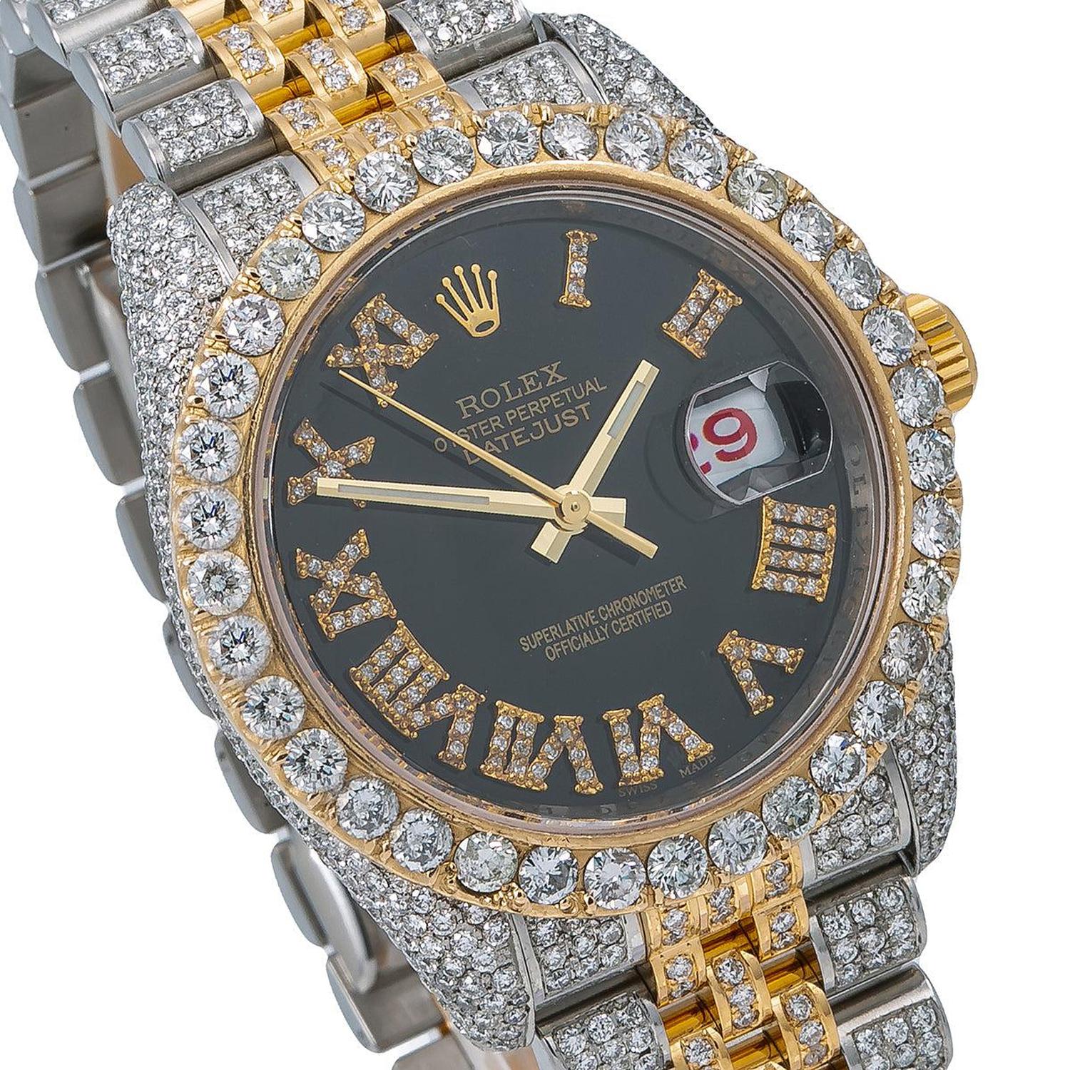 Rolex Datejust 36MM 116233 Black Roman Diamond Dial Diamond Bezel Two Tone Yellow Gold Full Diamond Jubilee Bracelet - Image 3