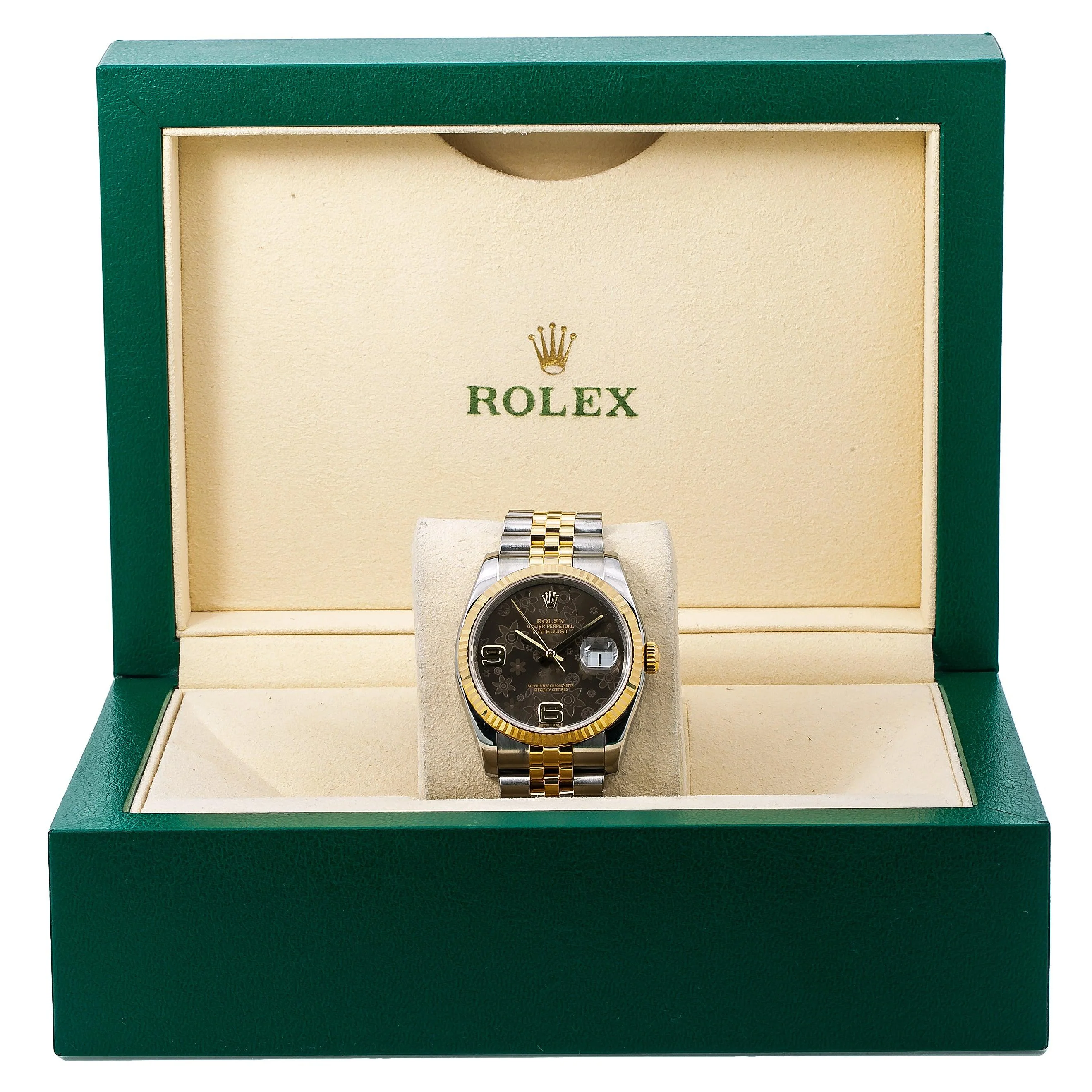 Rolex Datejust 36MM 116233 Brown Floral Arabic Dial Fluted Bezel Two Tone Yellow Gold Jubilee Bracelet - Image 6