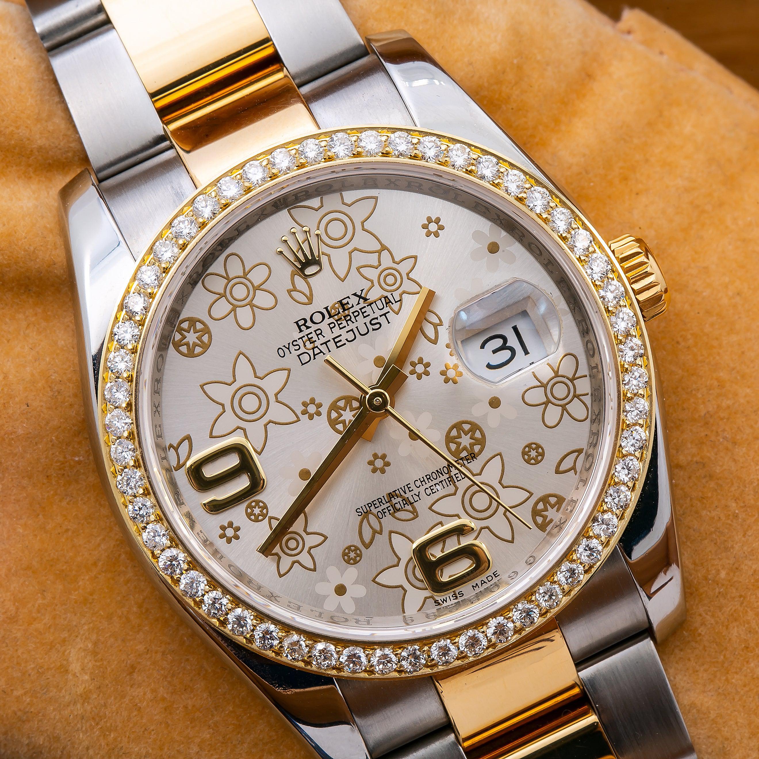 Rolex Datejust 36MM 116233 Silver Floral Arabic Dial Diamond Bezel Two Tone Yellow Gold Oyster Bracelet 1.05ct - Image 2
