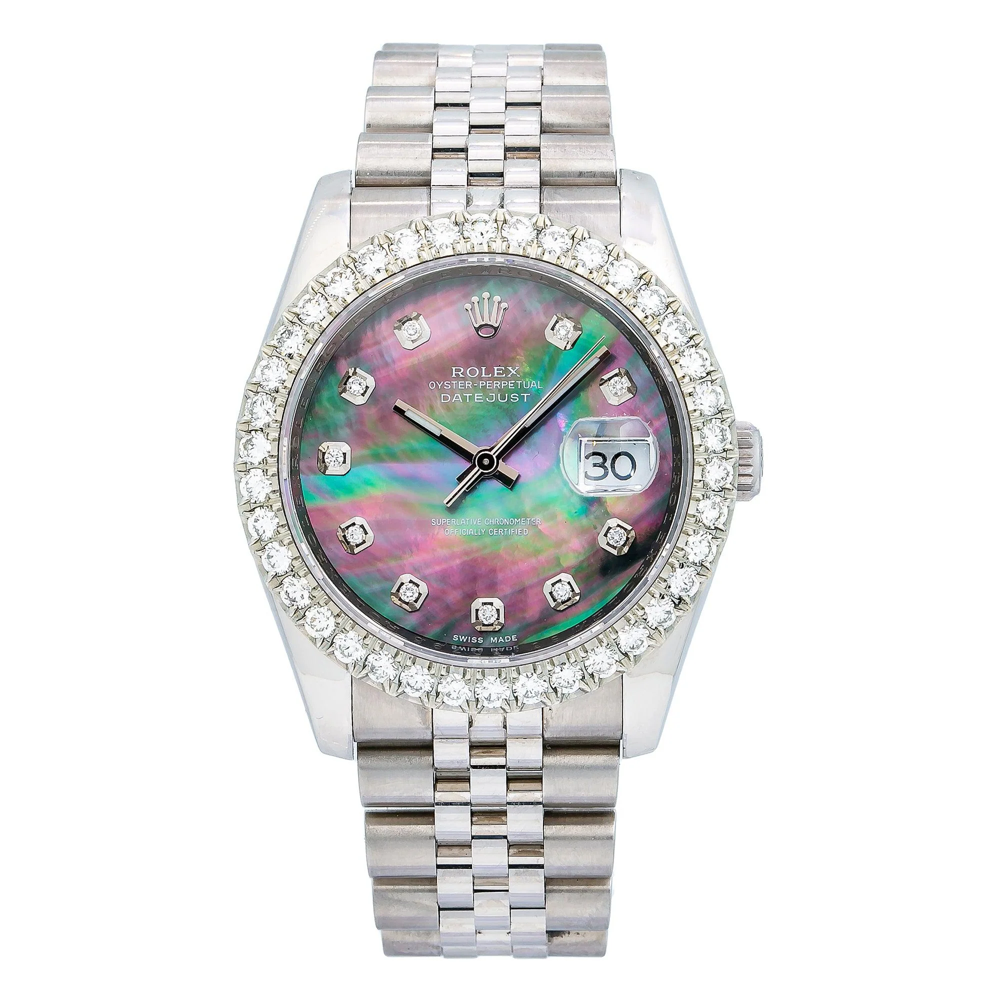 Rolex Datejust 36MM 116234 Black Mother of Pearl Diamond Dial Diamond Bezel Stainless Steel Jubilee Bracelet 3.75ct