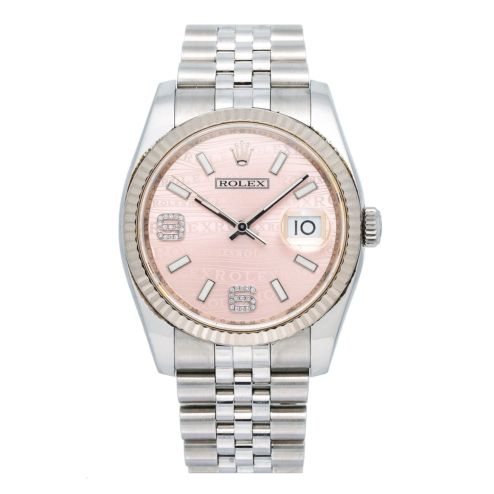 Rolex Datejust 36MM 116234 Pink Wave Arabic Diamond Dial Fluted Bezel Stainless Steel Jubilee Bracelet