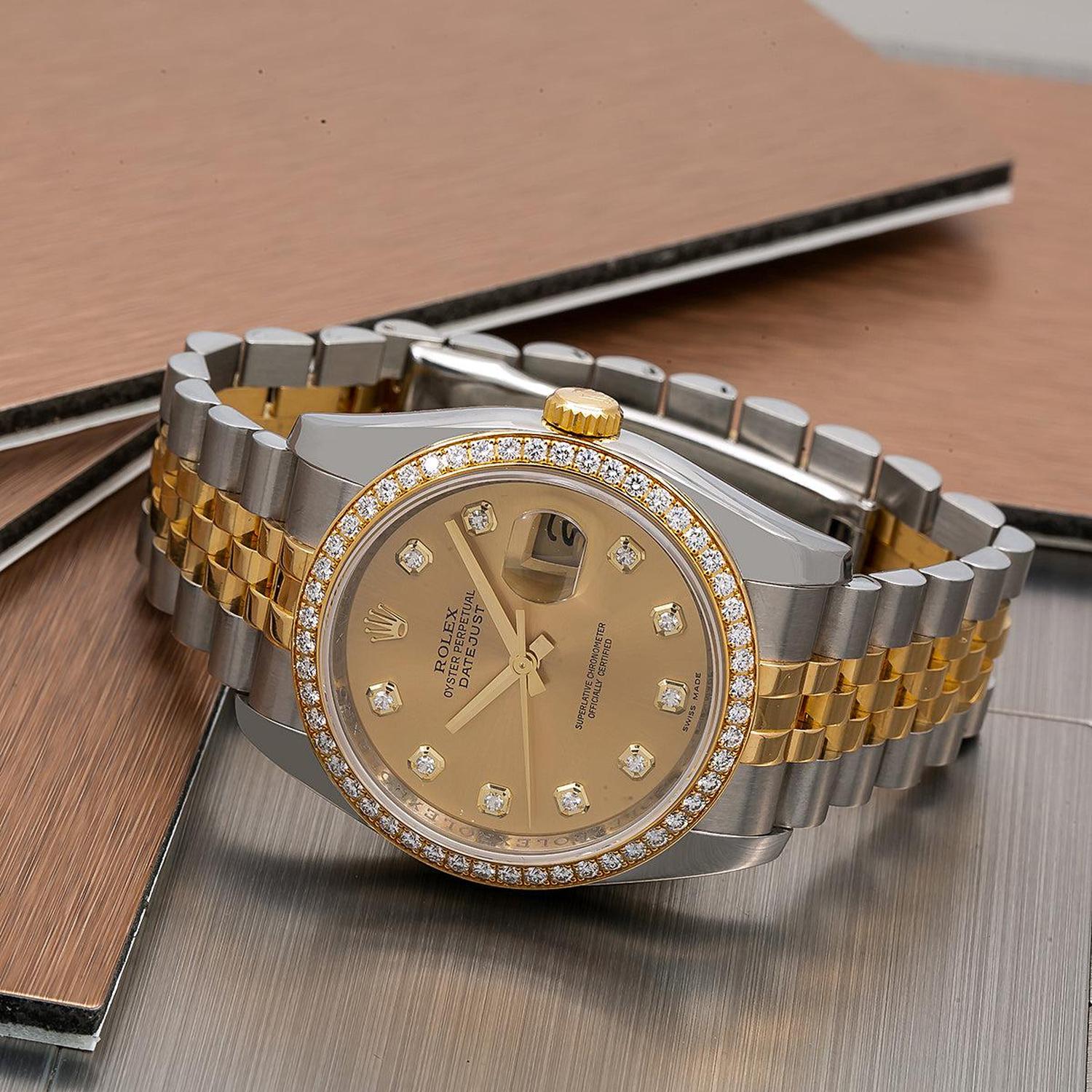 Rolex Datejust 36MM 116243 Champagne Diamond Dial Diamond Bezel Two Tone Yellow Gold Jubilee Bracelet - Image 2