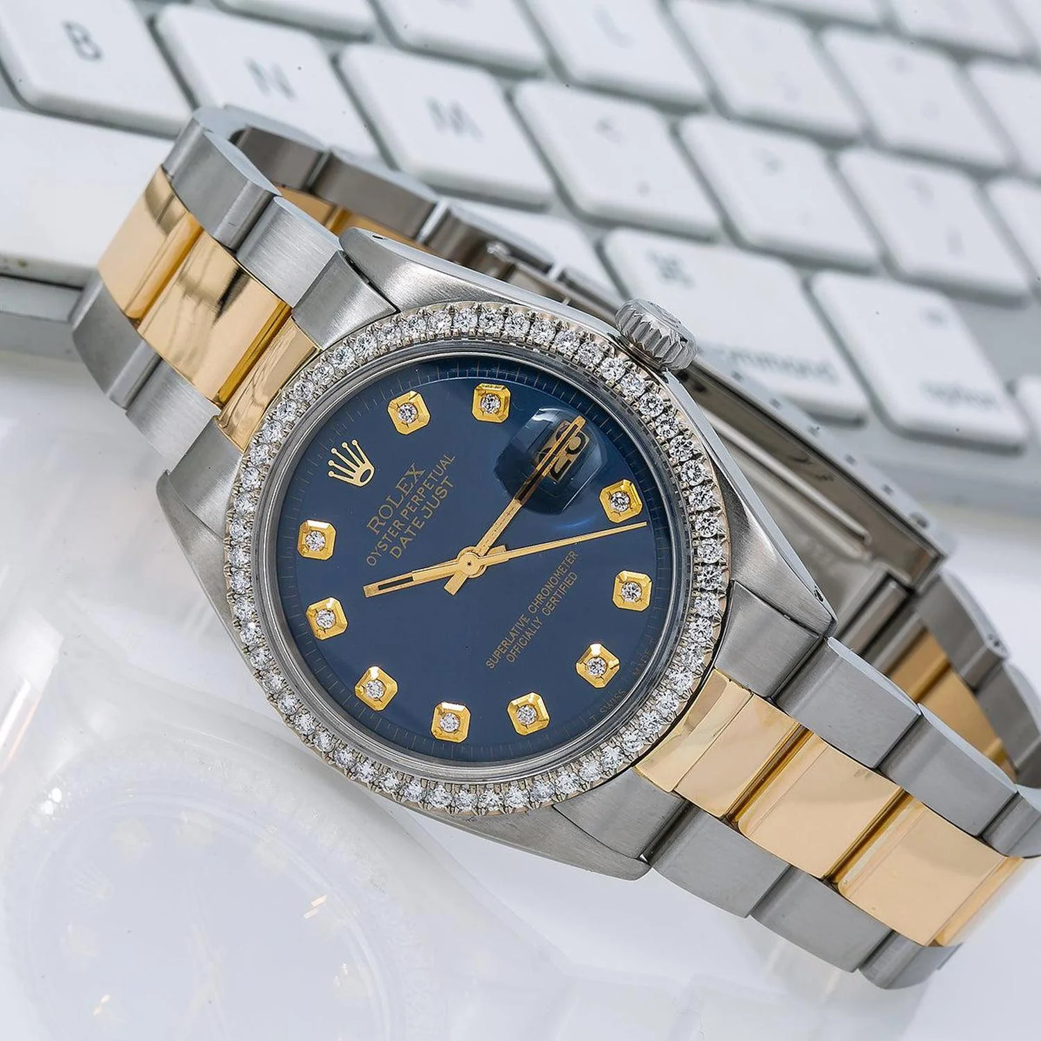 Rolex Datejust 36MM 1600 Blue Diamond Dial Diamond Bezel Two Tone Yellow Gold Oyster Bracelet - Image 2