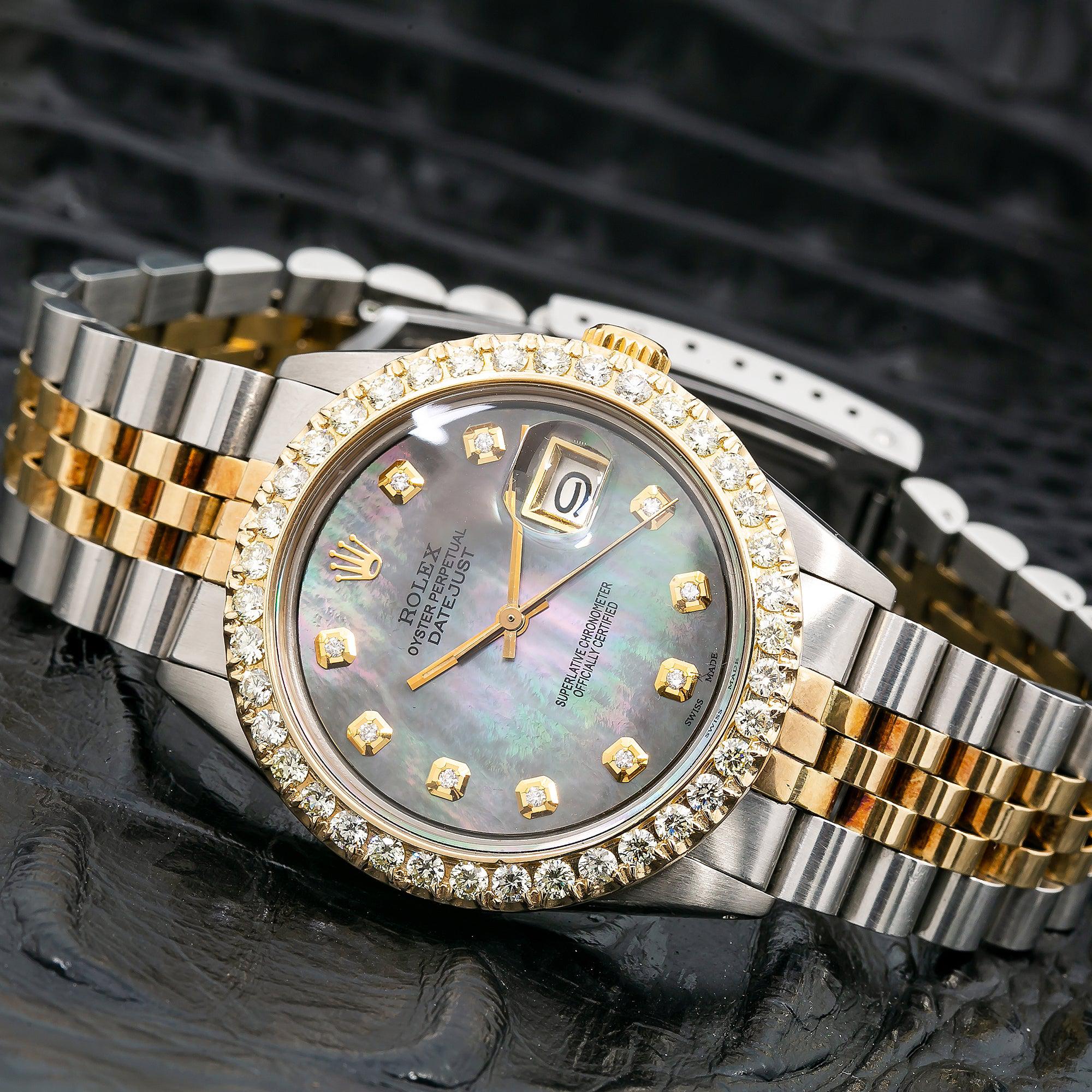 Rolex Datejust 36MM 1601 Black Mother of Pearl Diamond Dial Diamond Bezel Two Tone Yellow Gold Jubilee Bracelet 1.3ct - Image 3