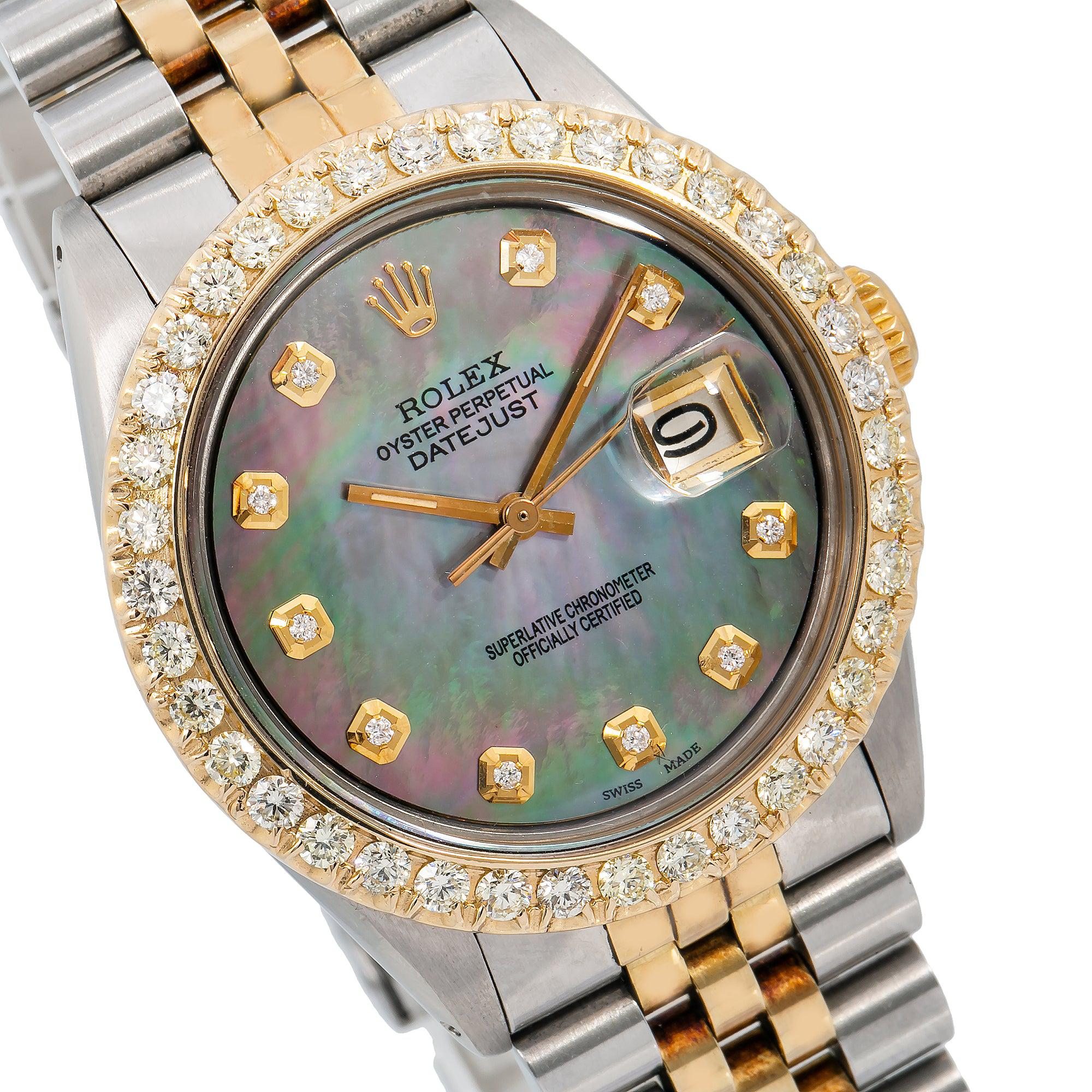 Rolex Datejust 36MM 1601 Black Mother of Pearl Diamond Dial Diamond Bezel Two Tone Yellow Gold Jubilee Bracelet 1.3ct - Image 4