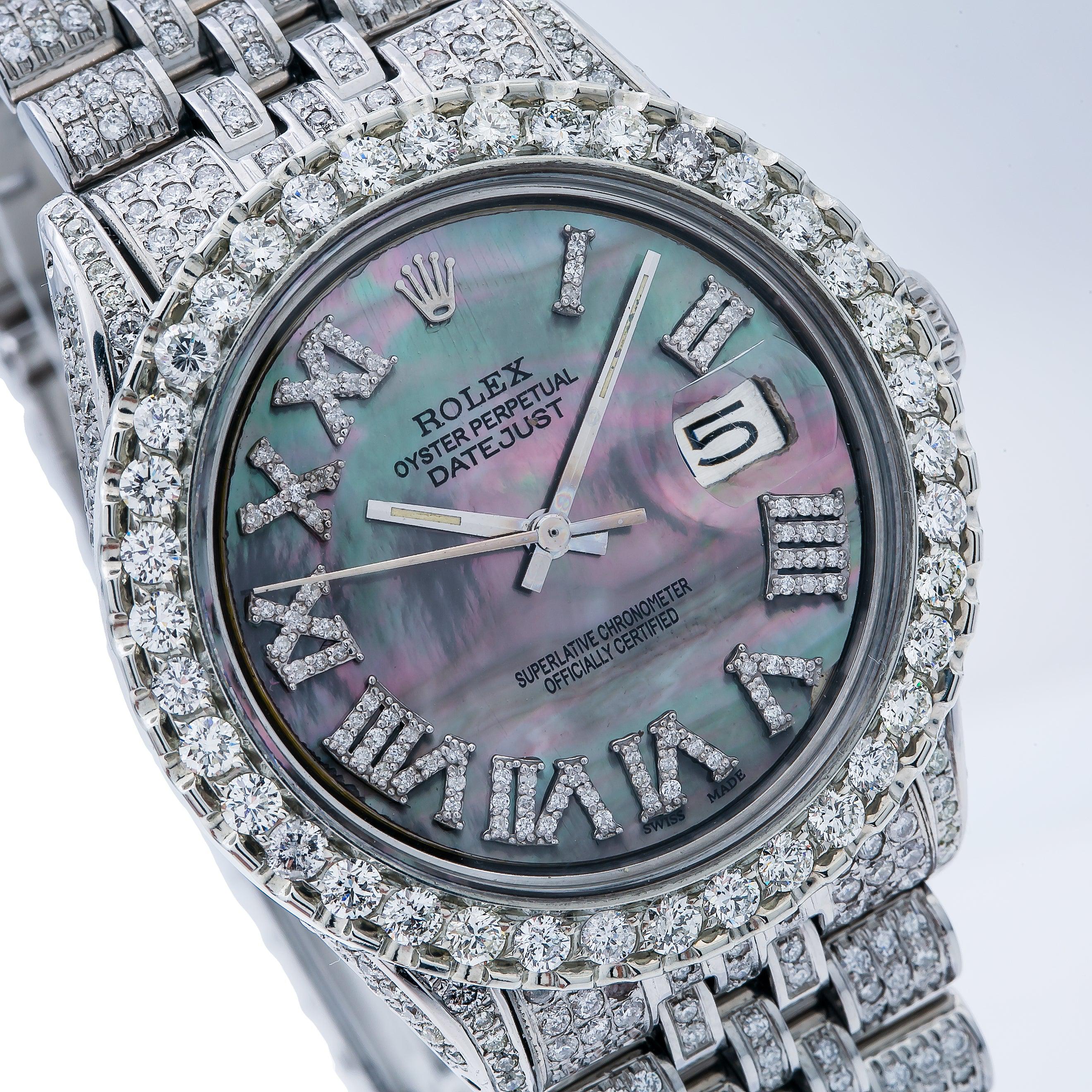 Rolex Datejust 36MM 1601 Black Mother of Pearl Roman Diamond Dial Diamond Bezel Stainless Steel Full Diamond Jubilee Bracelet 8.25ct - Image 3