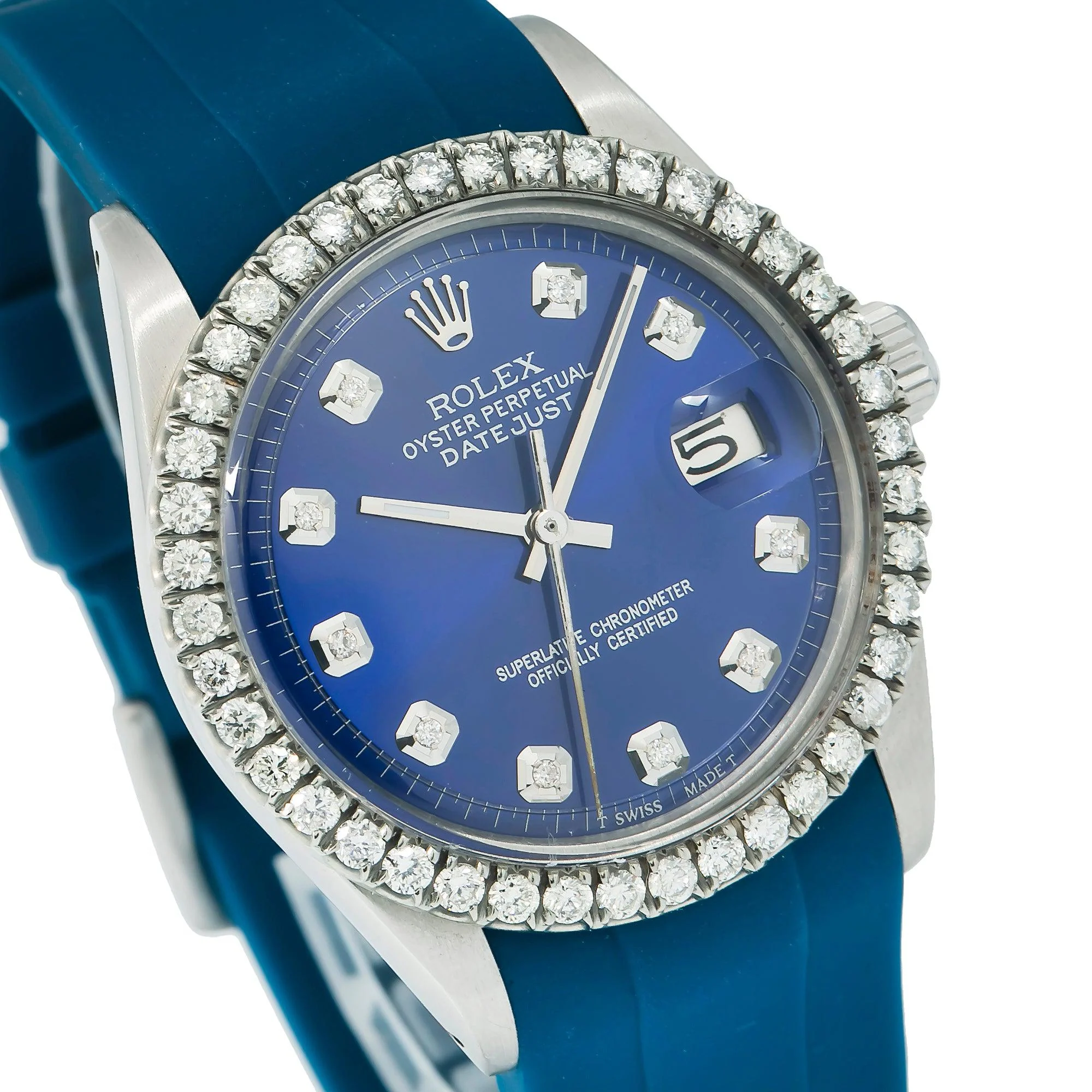 Rolex Datejust 36MM 1601 Blue Diamond Dial Diamond Bezel Blue Rubber Strap - Image 3