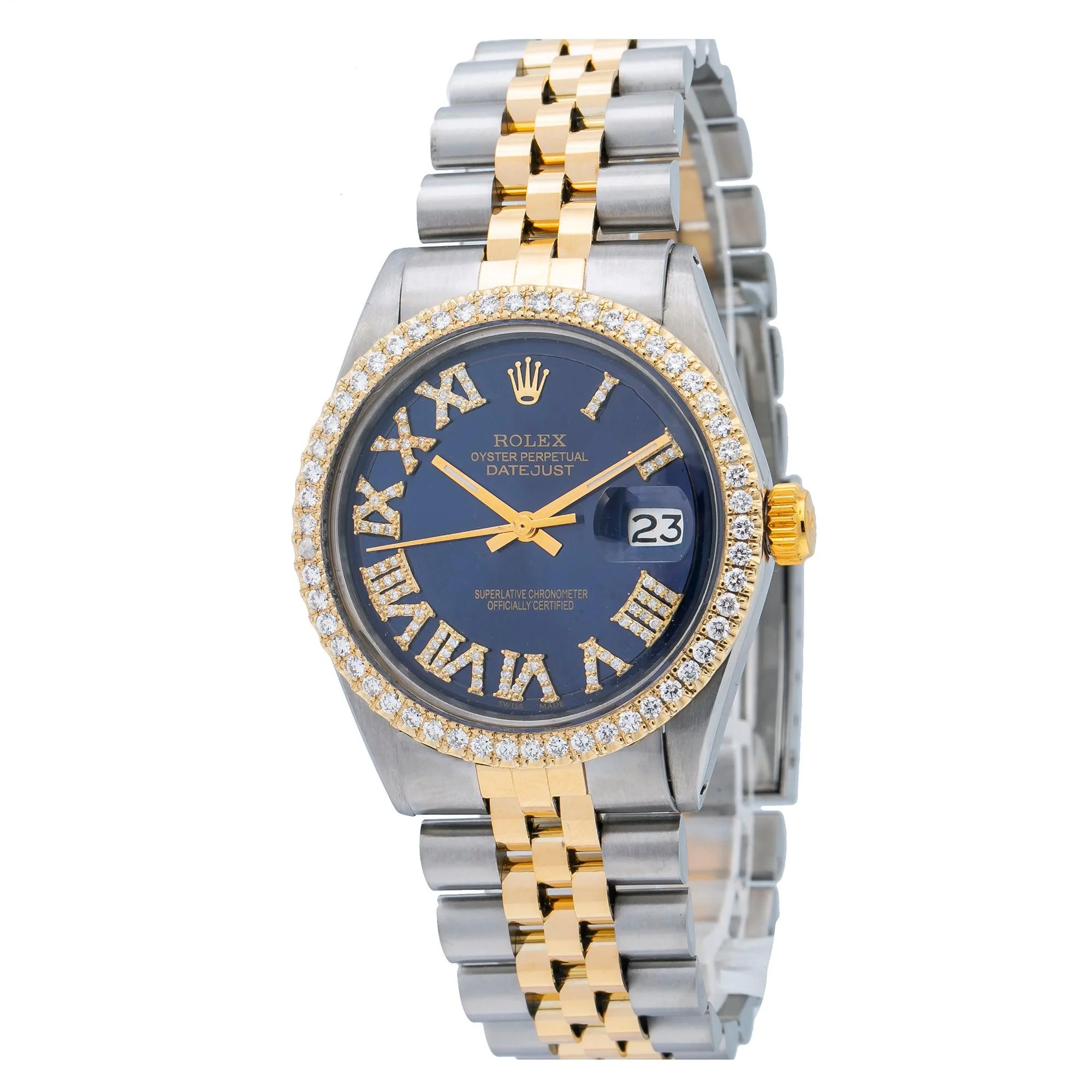 Rolex Datejust 36MM 1601 Blue Roman Diamond Dial Diamond Bezel Two Tone Yellow Gold Jubilee Bracelet