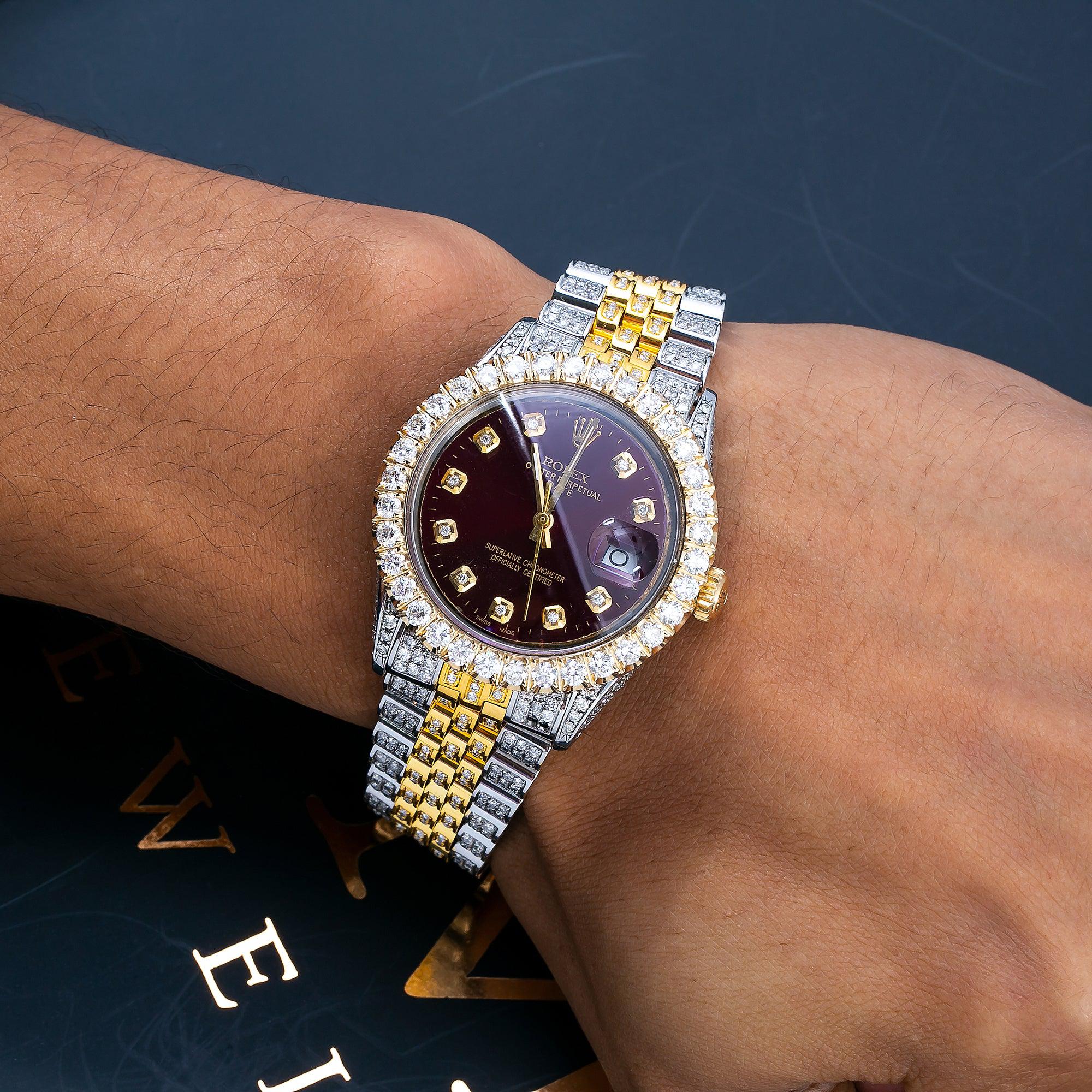 Rolex Datejust 36MM 1601 Burgundy Diamond Dial Diamond Bezel Two Tone Yellow Gold Full Diamond Jubilee Bracelet - Image 2