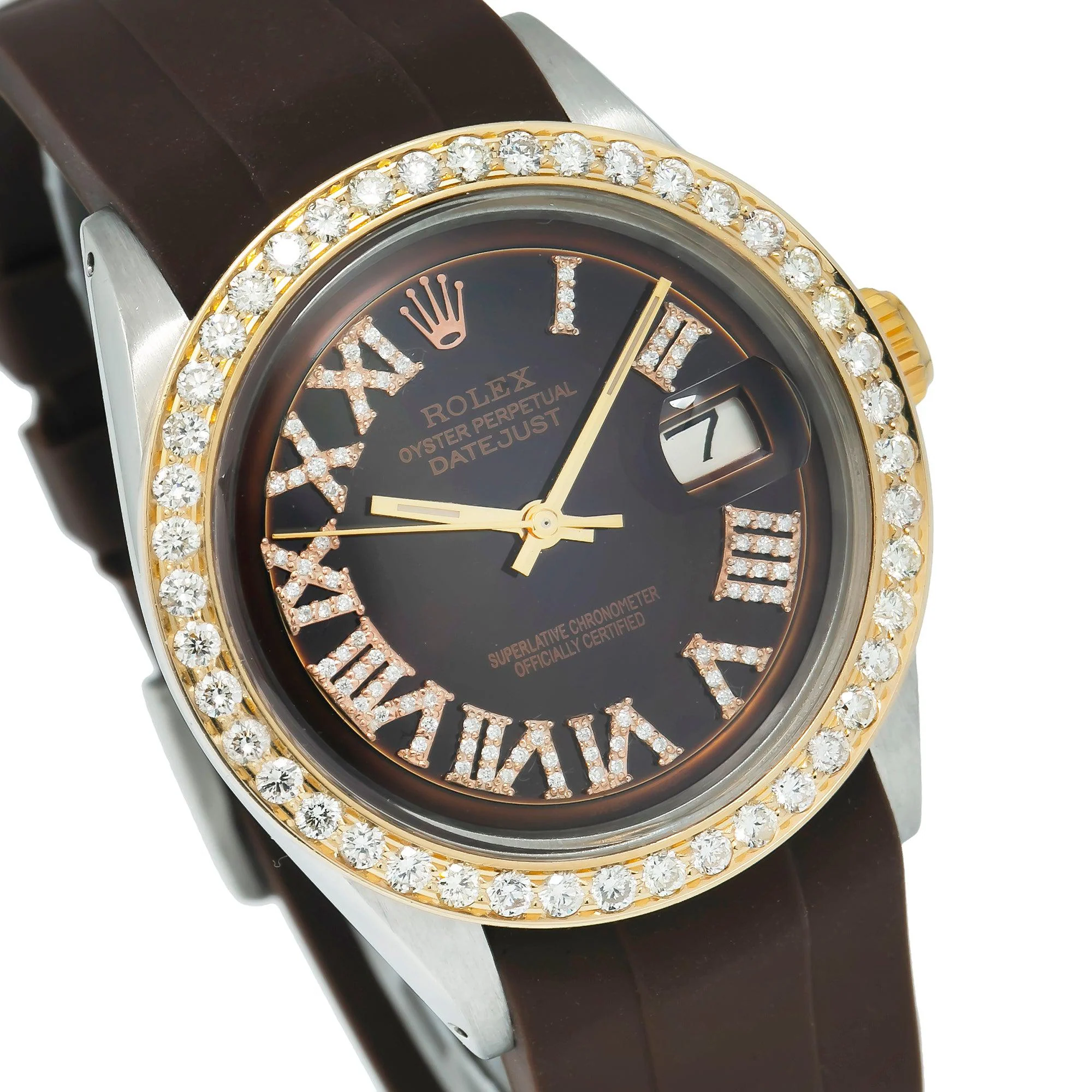 Rolex Datejust 36MM 1601 Chocolate Roman Diamond Dial Diamond Bezel Brown Rubber Strap - Image 3