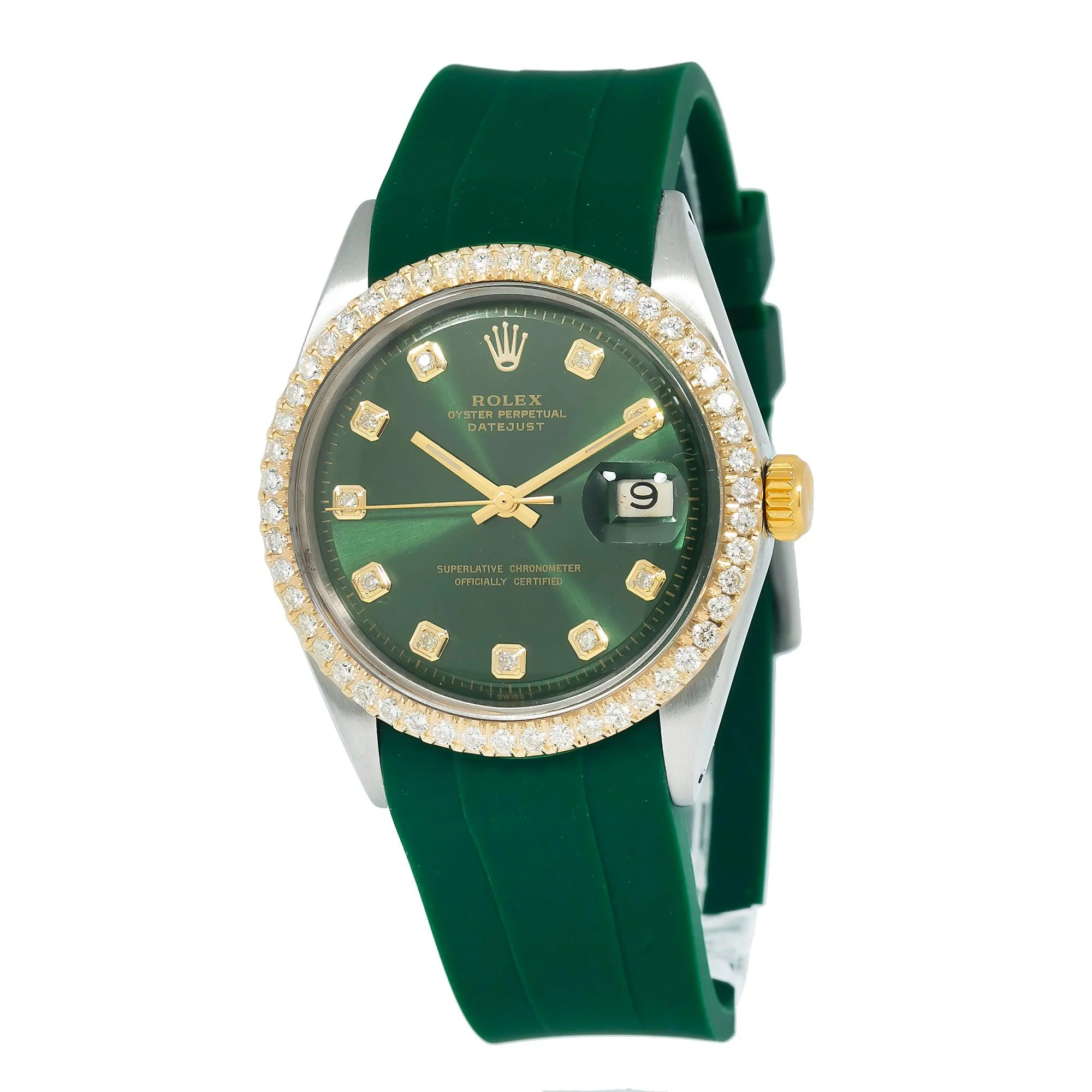 Rolex Datejust 36MM 1601 Green Diamond Dial Diamond Bezel Green Rubber Strap