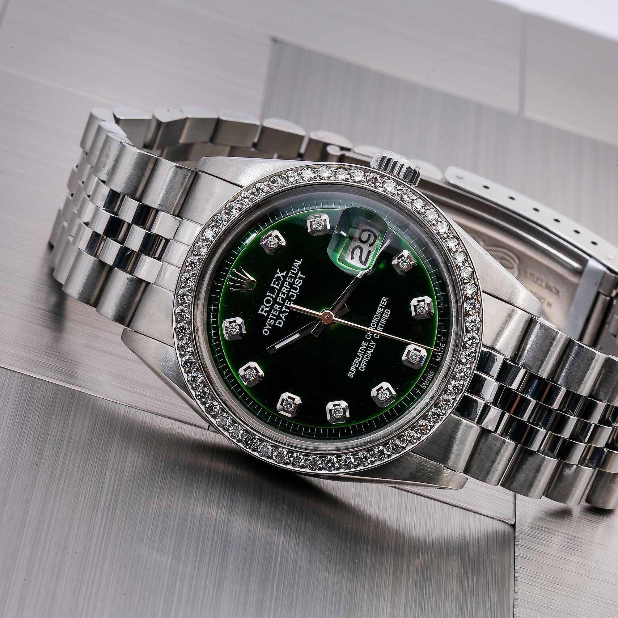Rolex Datejust 36MM 1601 Green Diamond Dial Diamond Bezel Stainless Steel Jubilee Bracelet 1.2ct - Image 2