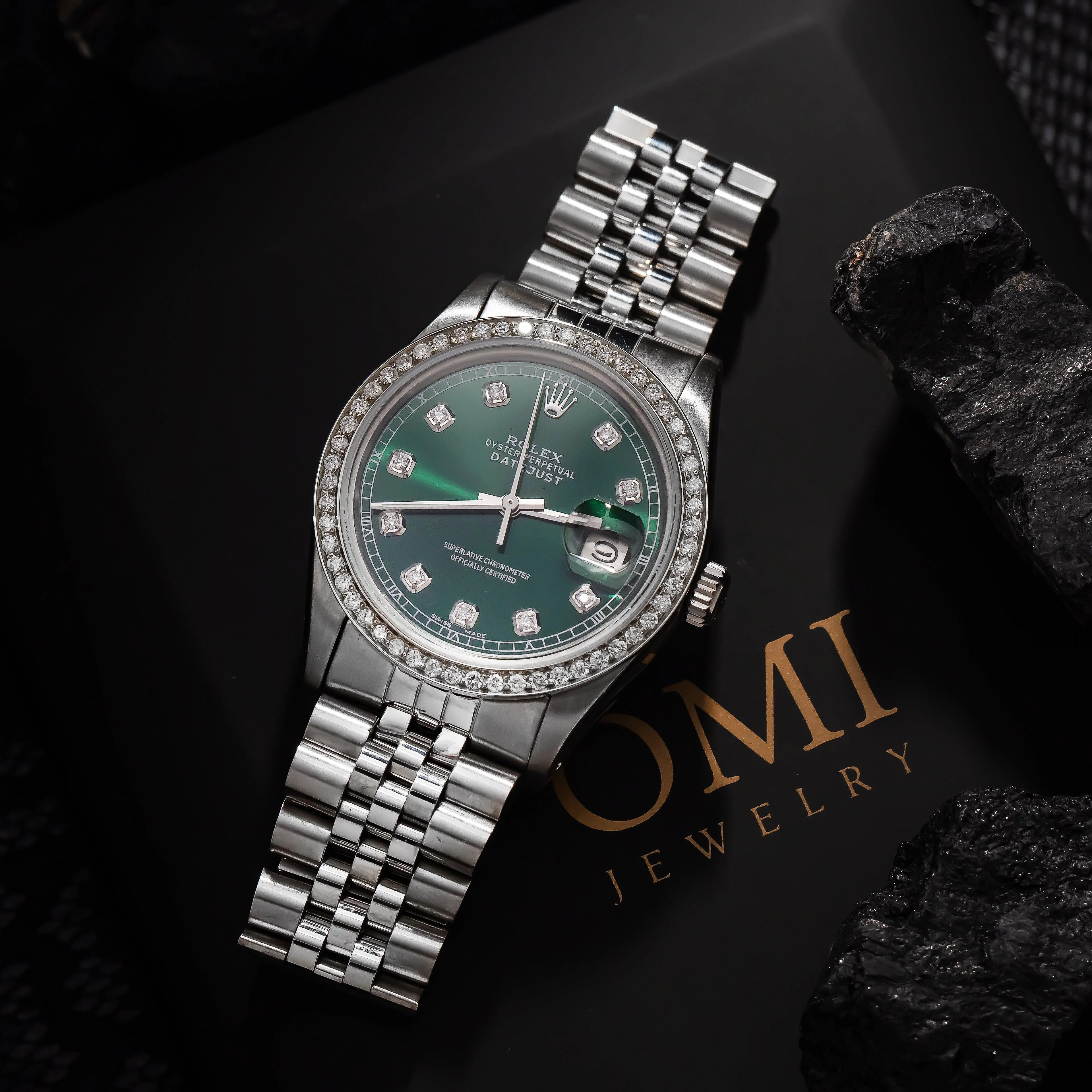 Rolex Datejust 36MM 1601 Green Diamond Dial Diamond Bezel Stainless Steel Jubilee Bracelet - Image 2