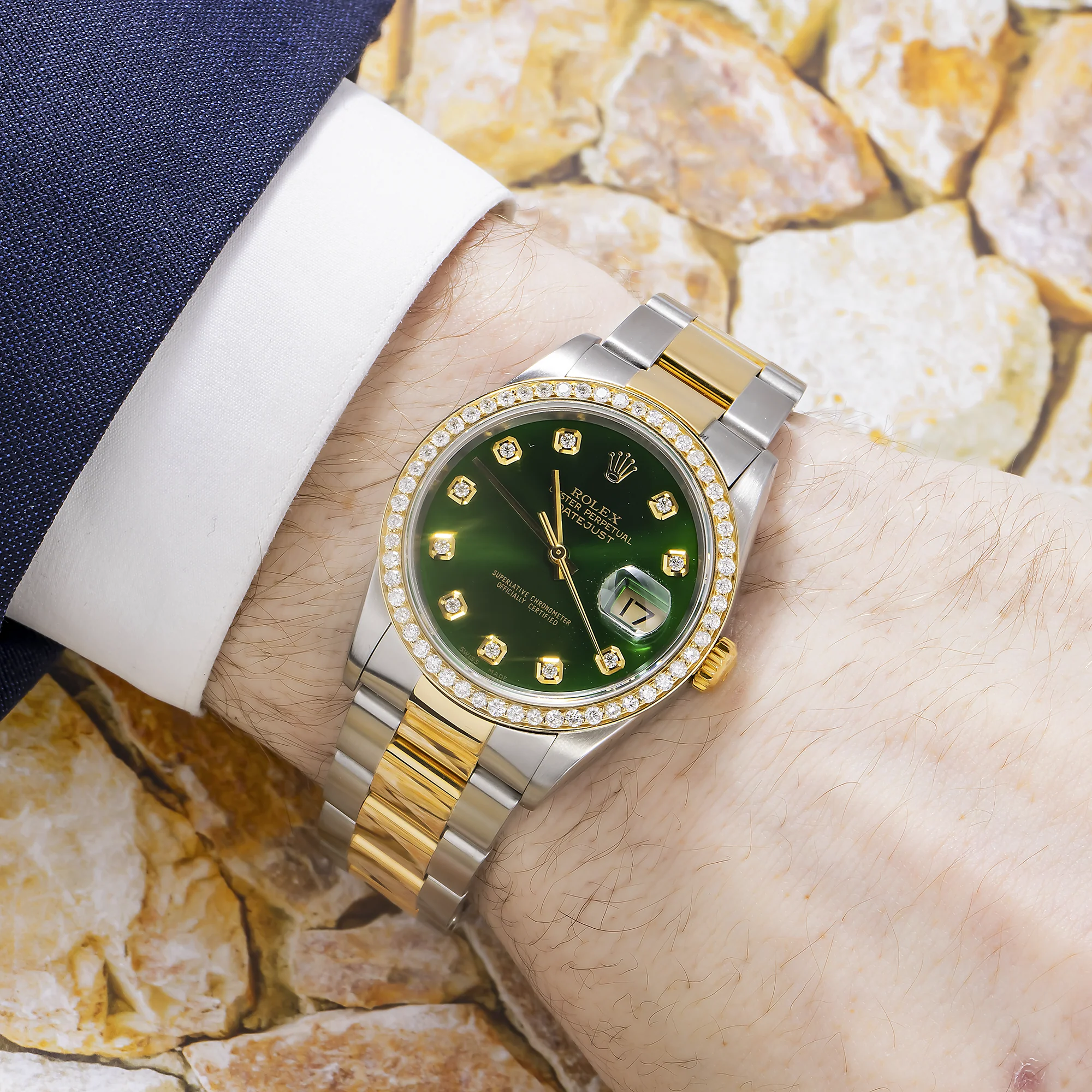 Rolex Datejust 36MM 1601 Green Diamond Dial Diamond Bezel Two Tone Yellow Gold Oyster Bracelet - Image 2