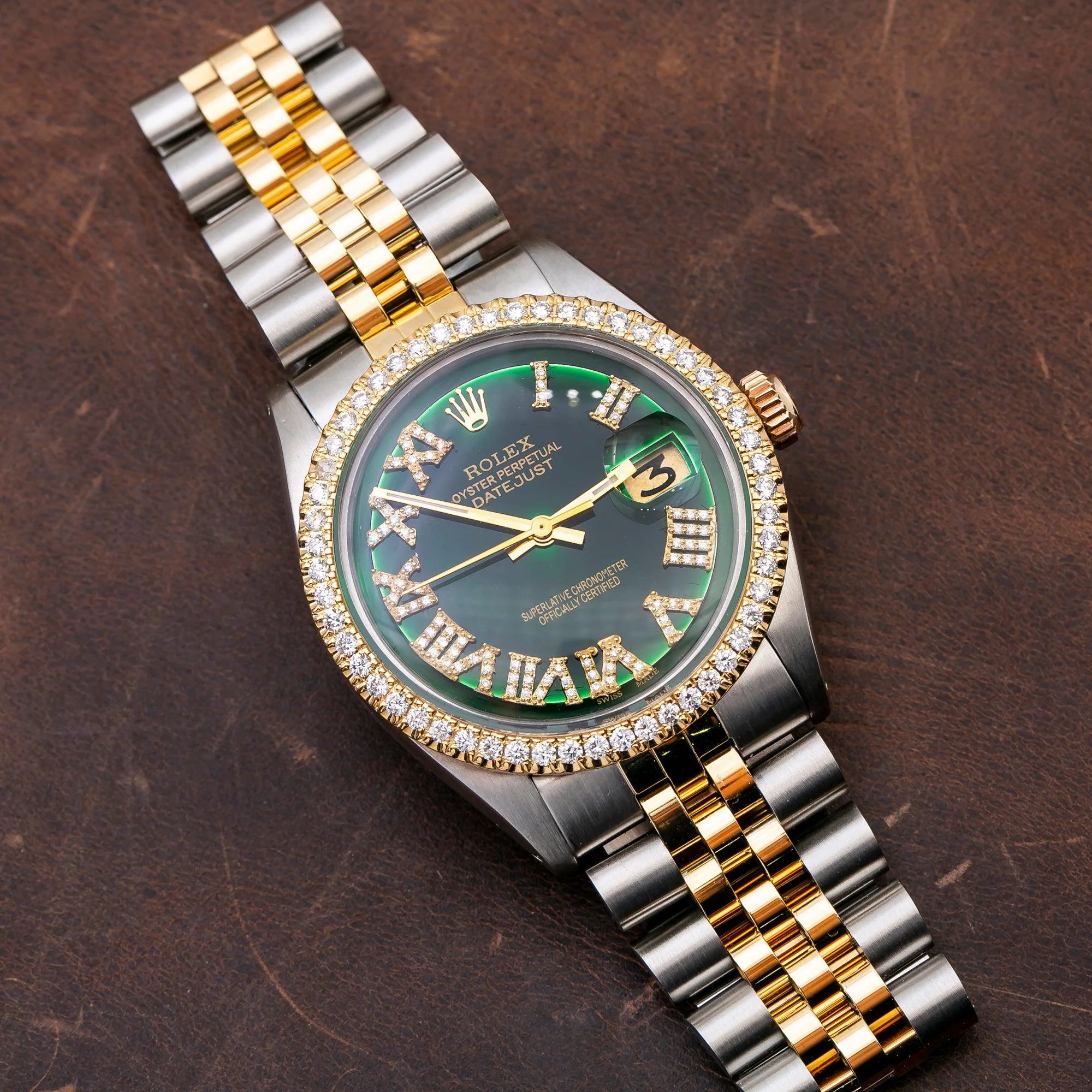 Rolex Datejust 36MM 1601 Green Roman Diamond Dial Diamond Bezel Two Tone Yellow Gold Jubilee Bracelet - Image 3
