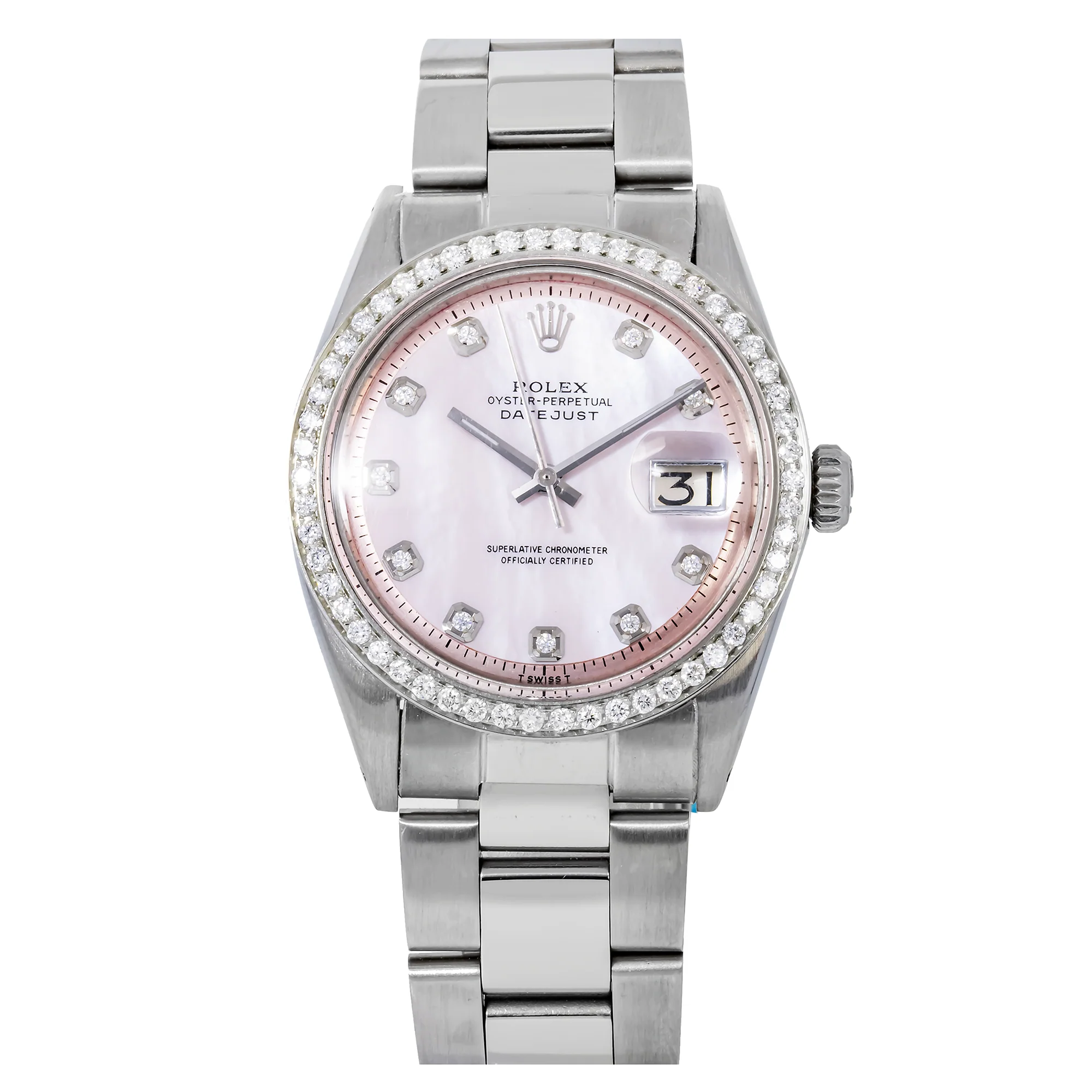Rolex Datejust 36MM 1601 Pink Mother of Pearl Diamond Dial Diamond Bezel Stainless Steel Oyster Bracelet