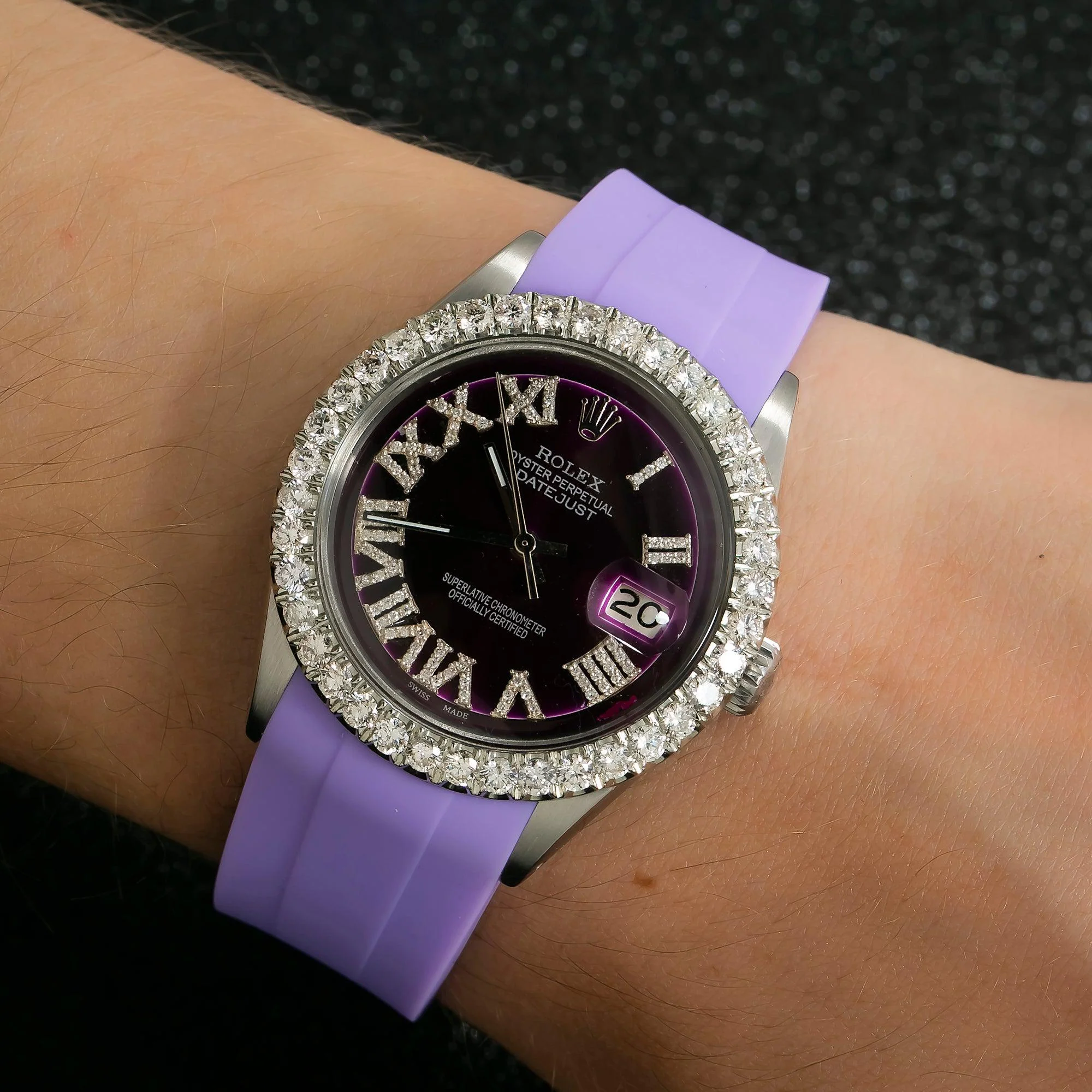 Rolex Datejust 36MM 1601 Purple Roman Diamond Dial Diamond Bezel Purple Rubber Strap - Image 2