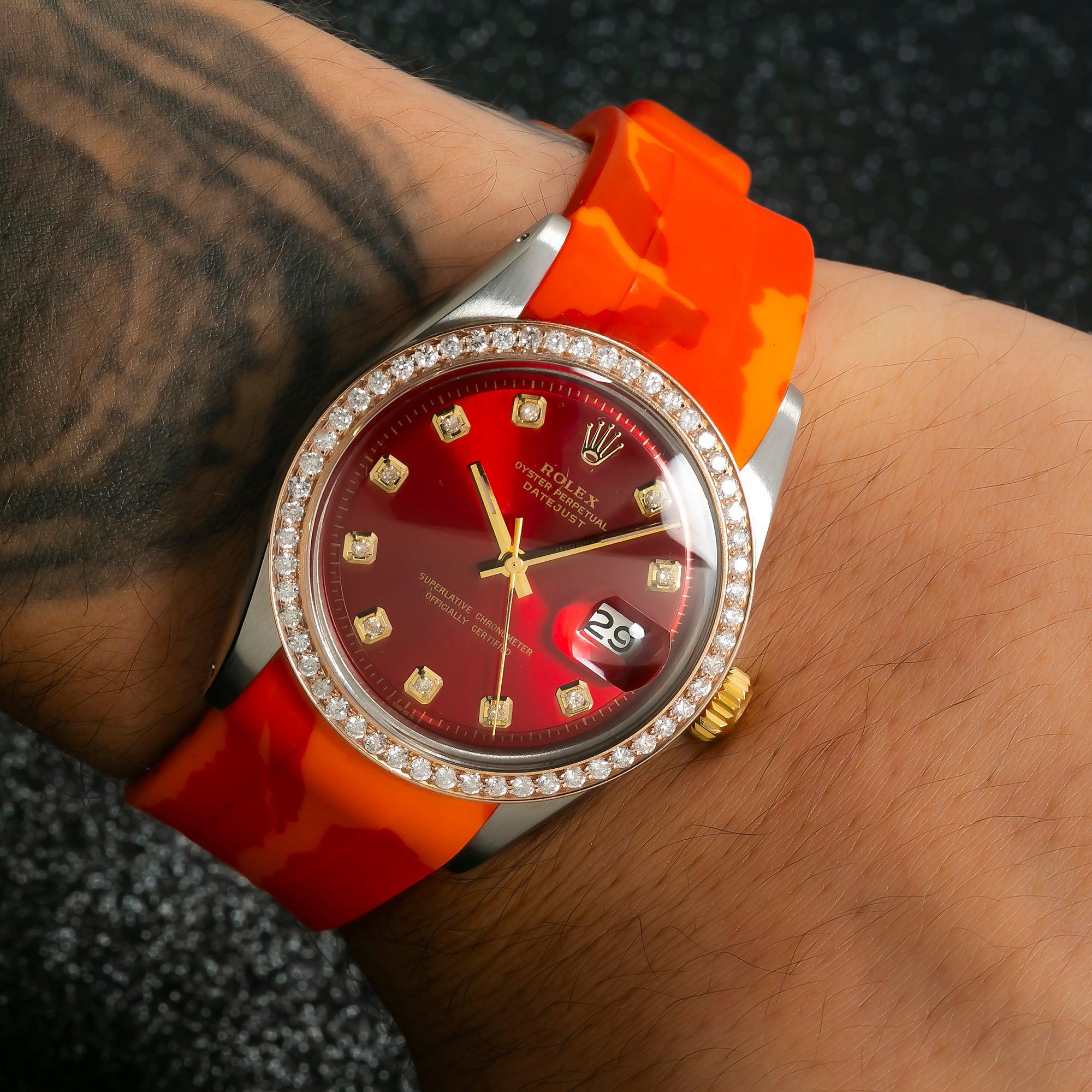 Rolex Datejust 36MM 1601 Red Diamond Dial Diamond Bezel Red Camo Rubber Strap - Image 2