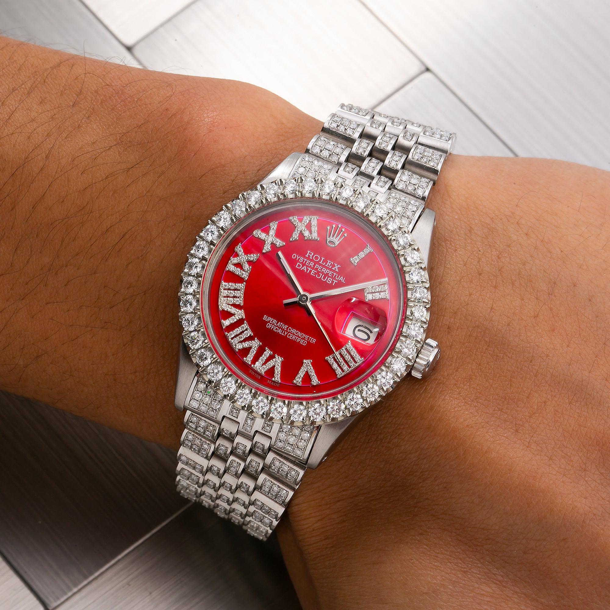 Rolex Datejust 36MM 1601 Red Roman Diamond Dial Diamond Bezel Stainless Steel Full Diamond Jubilee Bracelet 7.75ct - Image 2