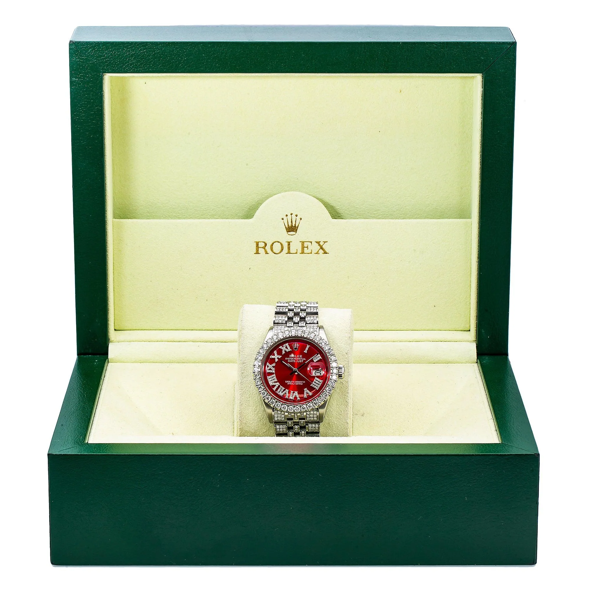 Rolex Datejust 36MM 1601 Red Roman Diamond Dial Diamond Bezel Stainless Steel Full Diamond Jubilee Bracelet 7.75ct - Image 9