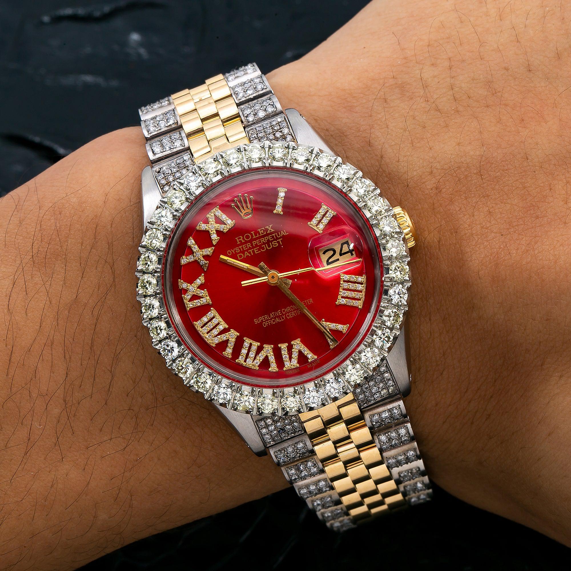 Rolex Datejust 36MM 1601 Red Roman Diamond Dial Diamond Bezel Two Tone Yellow Gold Semi Diamond Jubilee Bracelet - Image 2