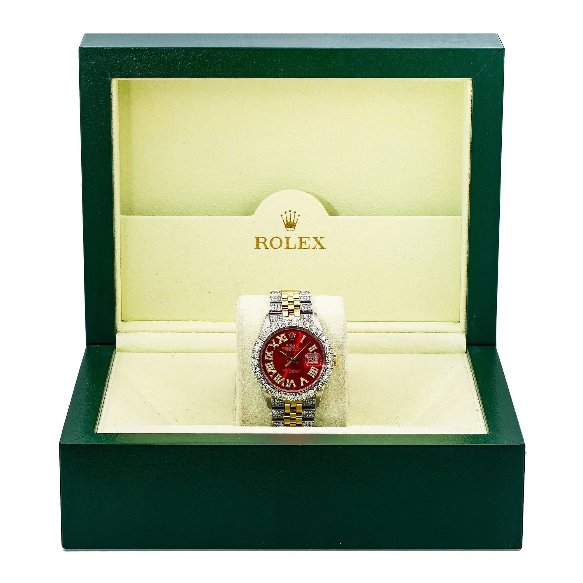 Rolex Datejust 36MM 1601 Red Roman Diamond Dial Diamond Bezel Two Tone Yellow Gold Semi Diamond Jubilee Bracelet - Image 7