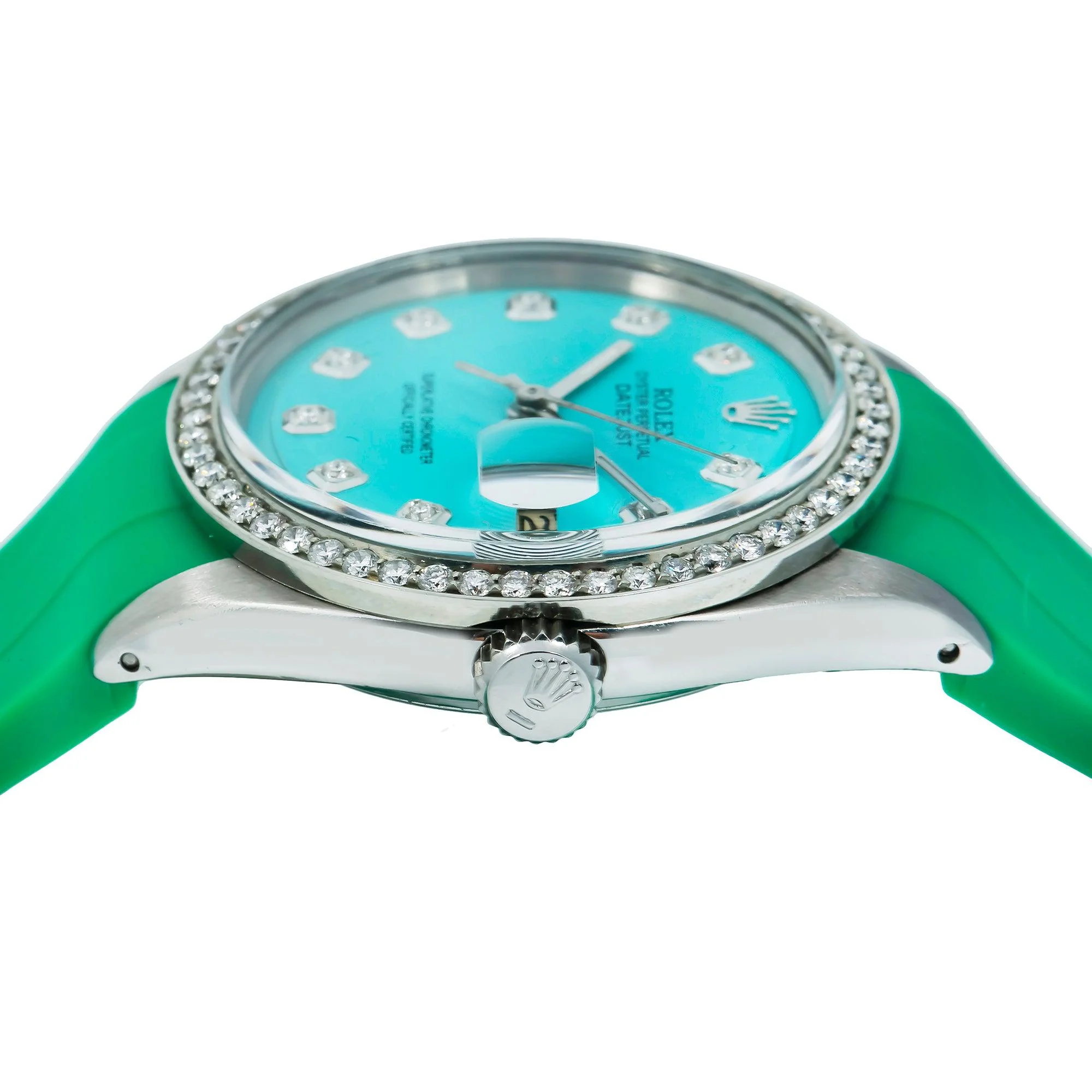 Rolex Datejust 36MM 1601 Turquoise Diamond Dial Diamond Bezel Green Rubber Strap - Image 5