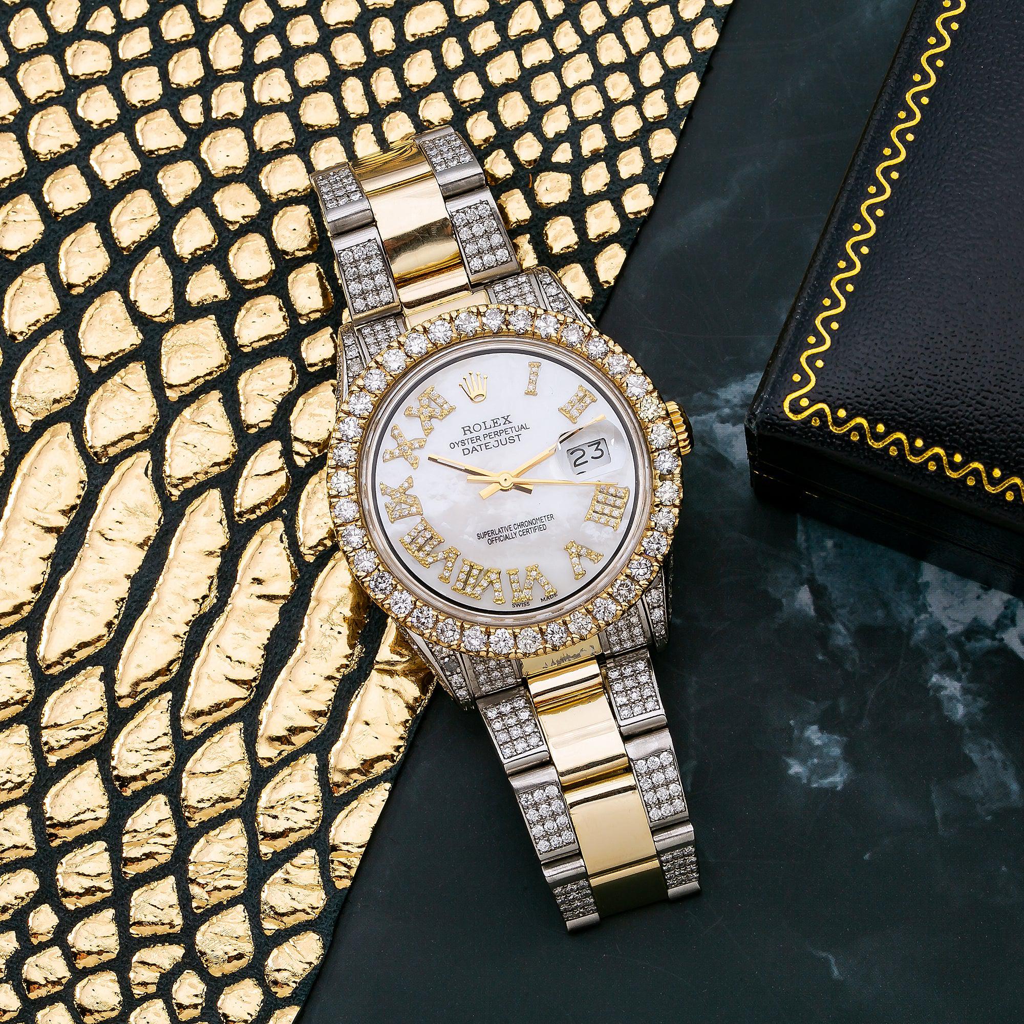 Rolex Datejust 36MM 1601 White Mother of Pearl Roman Diamond Dial Diamond Bezel Two Tone Yellow Gold Semi Diamond Jubilee Bracelet - Image 3