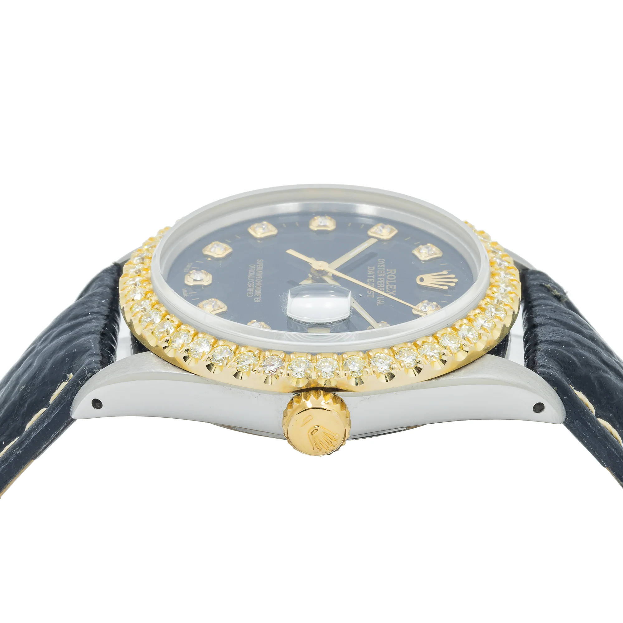 Rolex Datejust 36MM 16013 Black Diamond Dial Diamond Bezel Black Leather Strap - Image 4