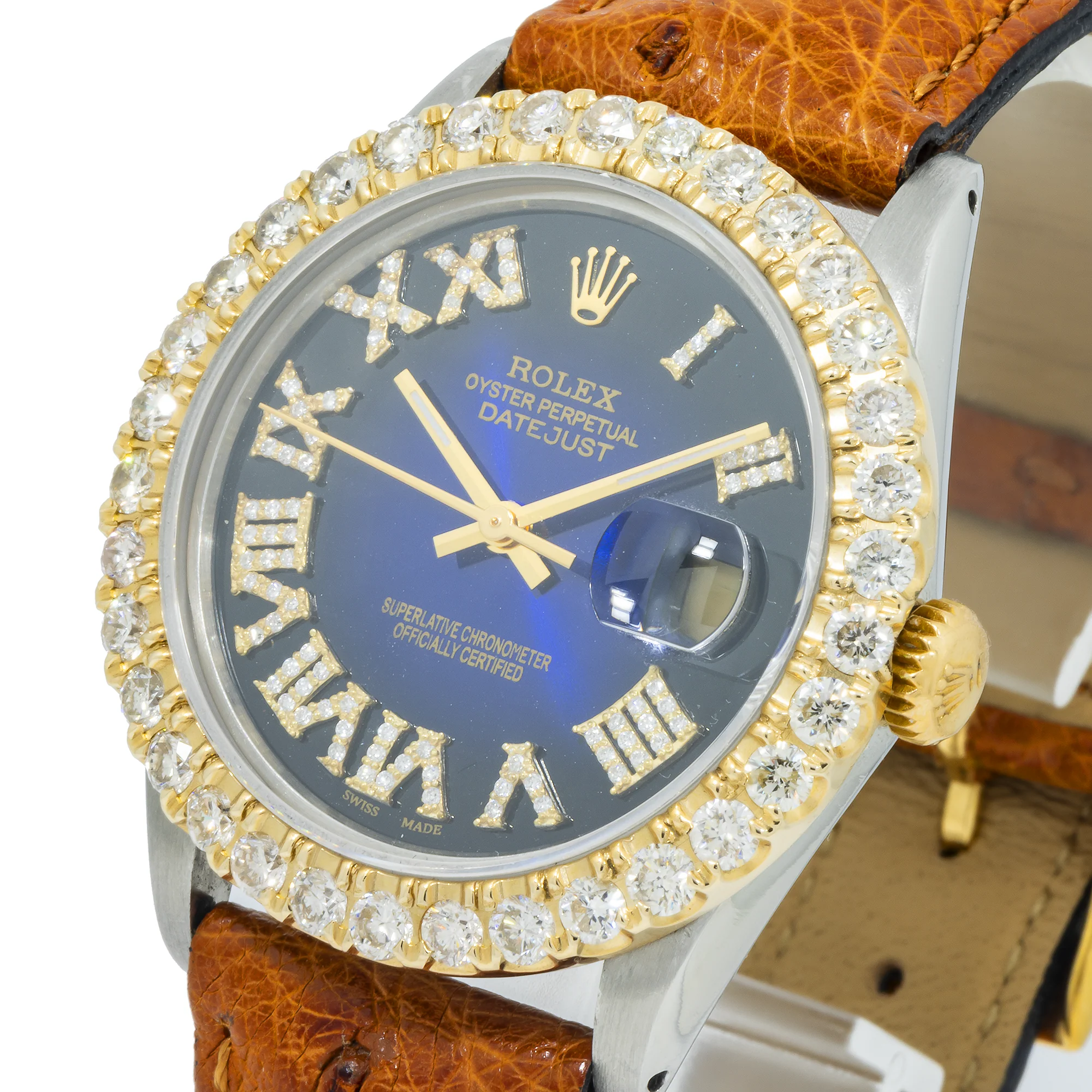 Rolex Datejust 36MM 16013 Blue Roman Diamond Dial Diamond Bezel Brown Leather Strap - Image 3