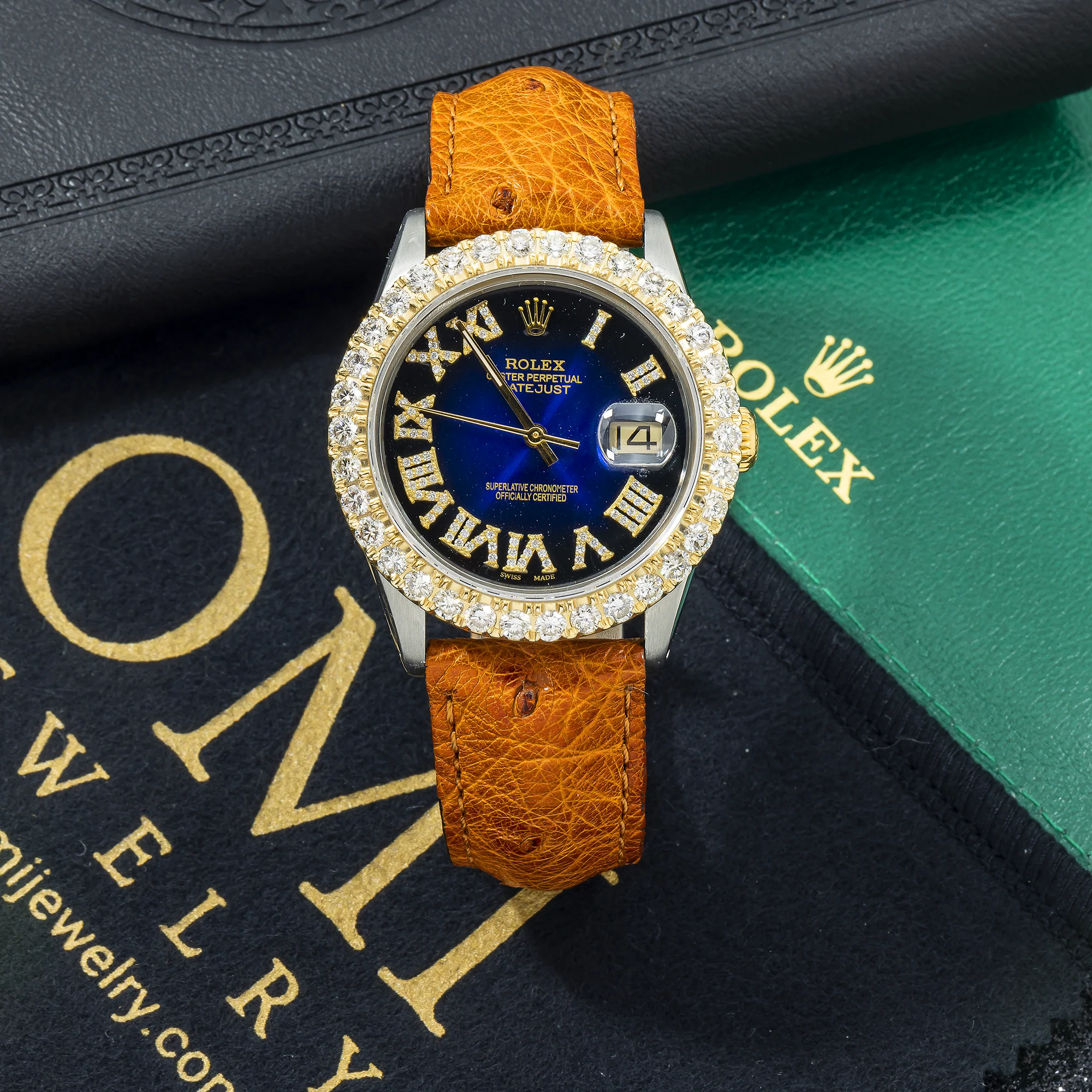 Rolex Datejust 36MM 16013 Blue Roman Diamond Dial Diamond Bezel Brown Leather Strap - Image 4
