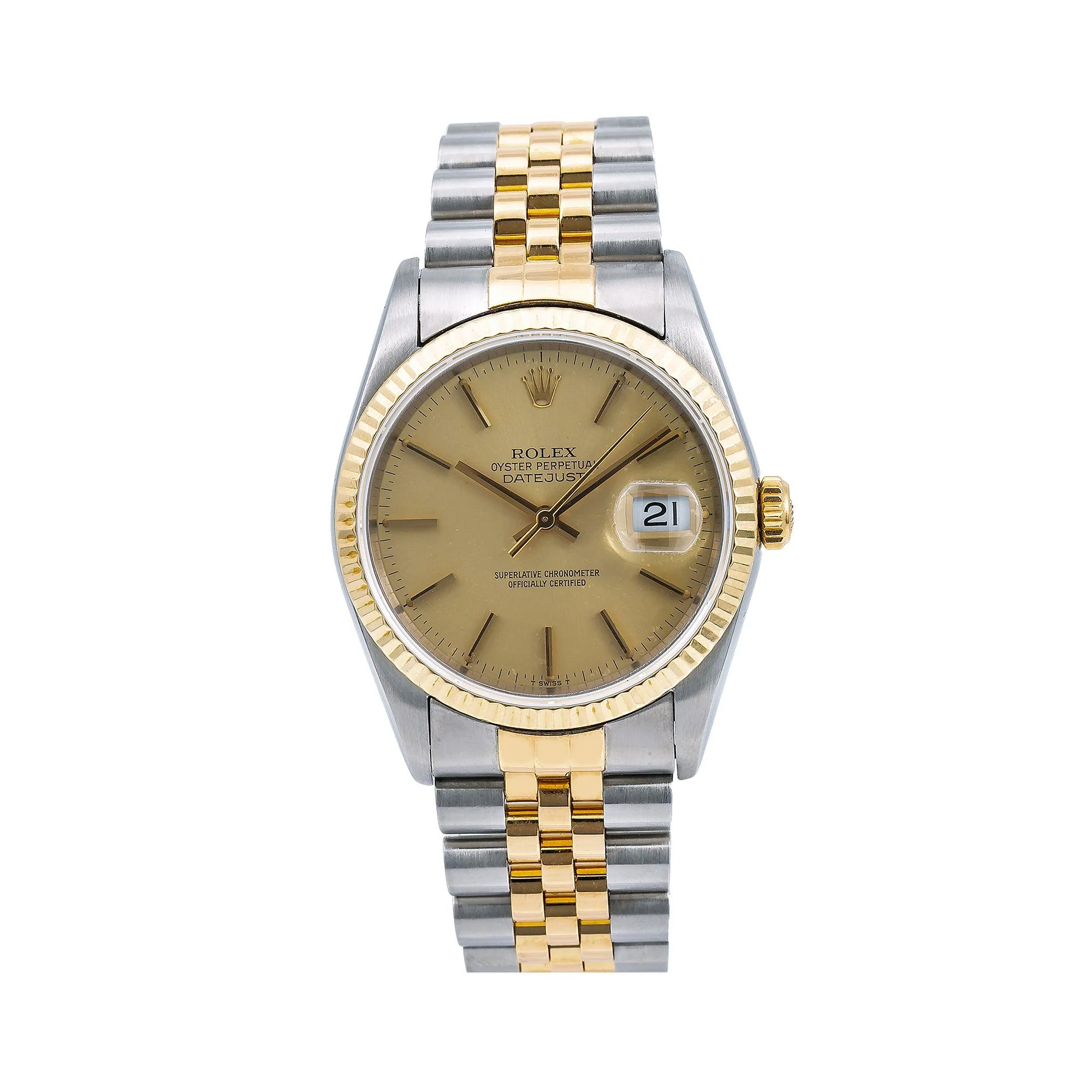 Rolex Datejust 36MM 16013 Champagne Dial Fluted Bezel Two Tone Yellow Gold Jubilee Bracelet