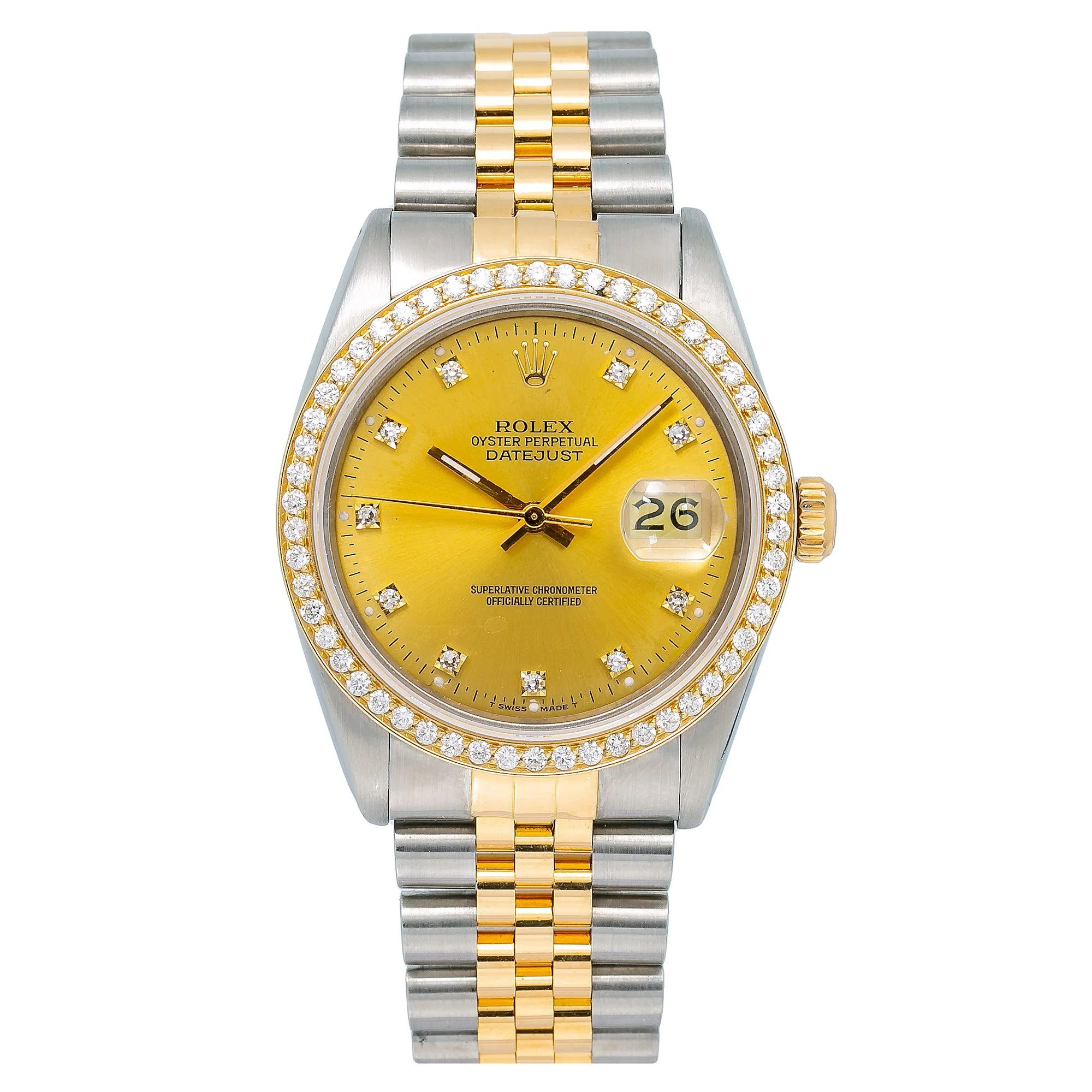 Rolex Datejust 36MM 16013 Champagne Diamond Dial Diamond Bezel Two Tone Yellow Gold Jubilee Bracelet