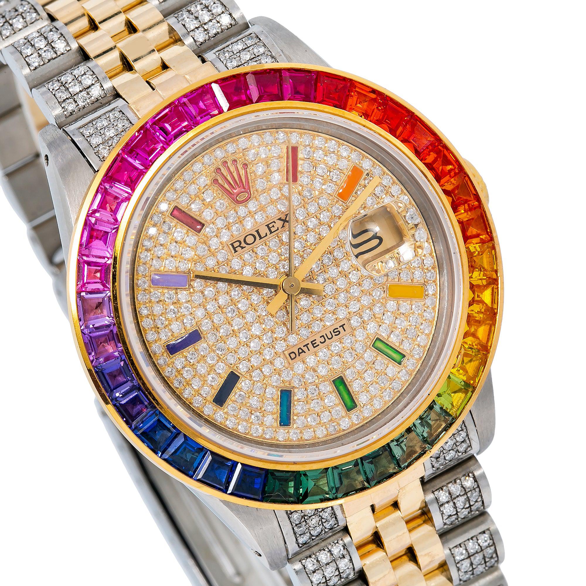 Rolex Datejust 36MM 16013 Diamond Paved Rainbow Hour Dial Rainbow Gemstone Bezel Two Tone Yellow Gold Semi Diamond Jubilee Bracelet 5.25ct - Image 3