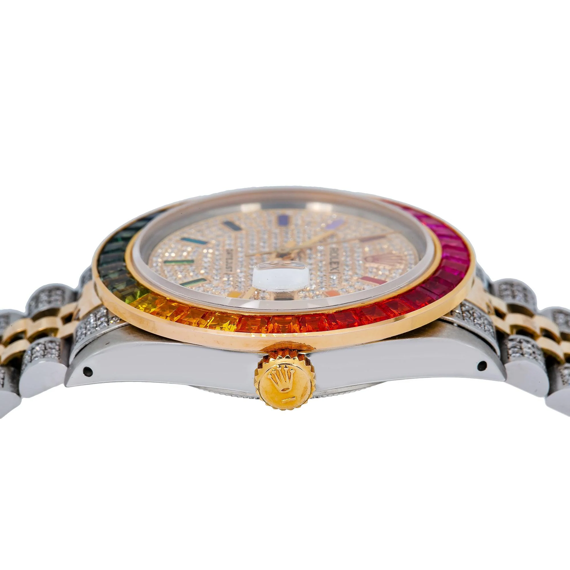 Rolex Datejust 36MM 16013 Diamond Paved Rainbow Hour Dial Rainbow Gemstone Bezel Two Tone Yellow Gold Semi Diamond Jubilee Bracelet 5.25ct - Image 4