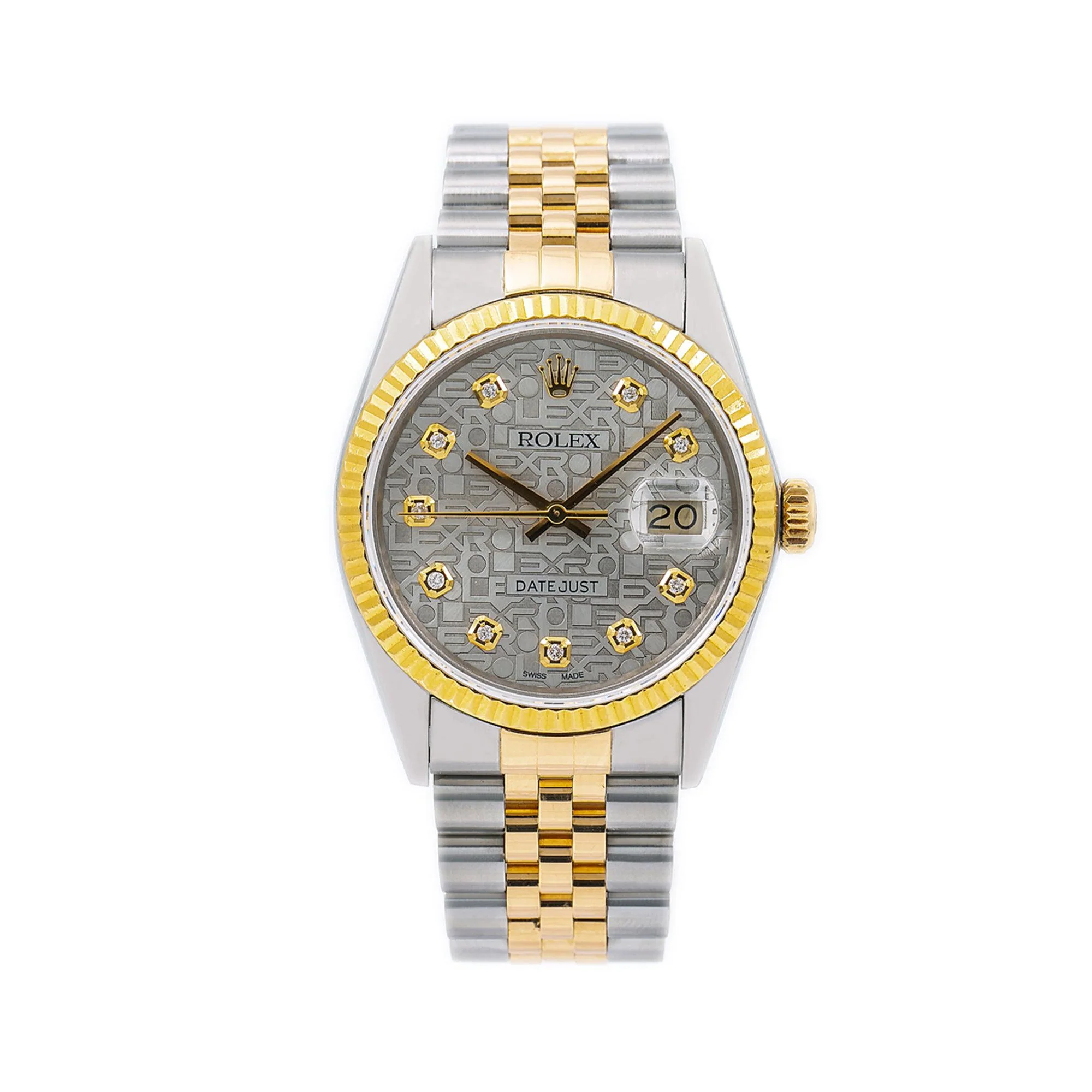 Rolex Datejust 36MM 16013 Silver Pattern Diamond Dial Fluted Bezel Two Tone Yellow Gold Jubilee Bracelet 1.2ct
