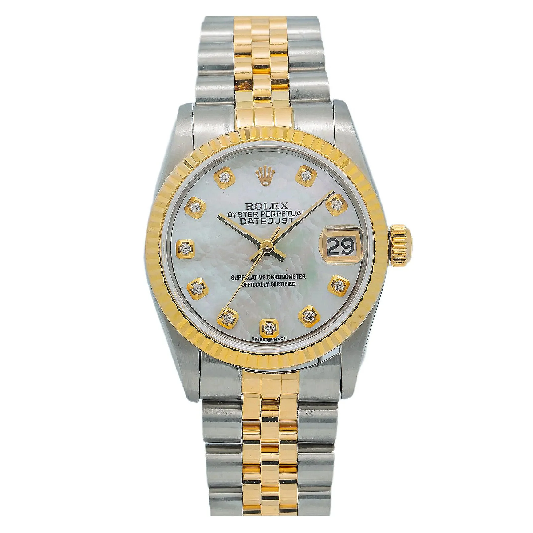 Rolex Datejust 36MM 16013 White Mother of Pearl Diamond Dial Fluted Bezel Two Tone Yellow Gold Jubilee Bracelet