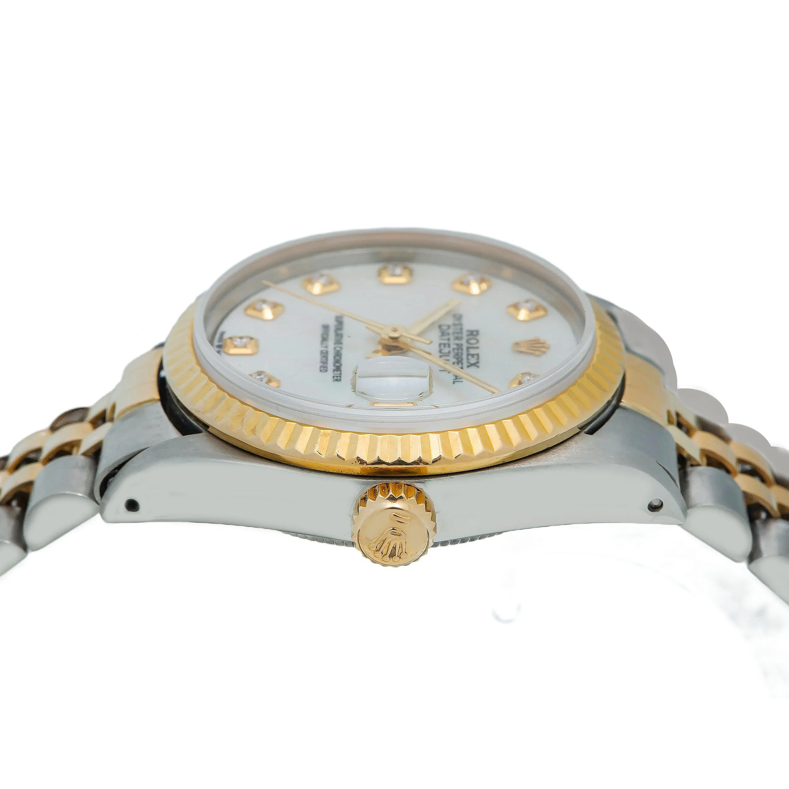 Rolex Datejust 36MM 16013 White Mother of Pearl Diamond Dial Fluted Bezel Two Tone Yellow Gold Jubilee Bracelet - Image 3