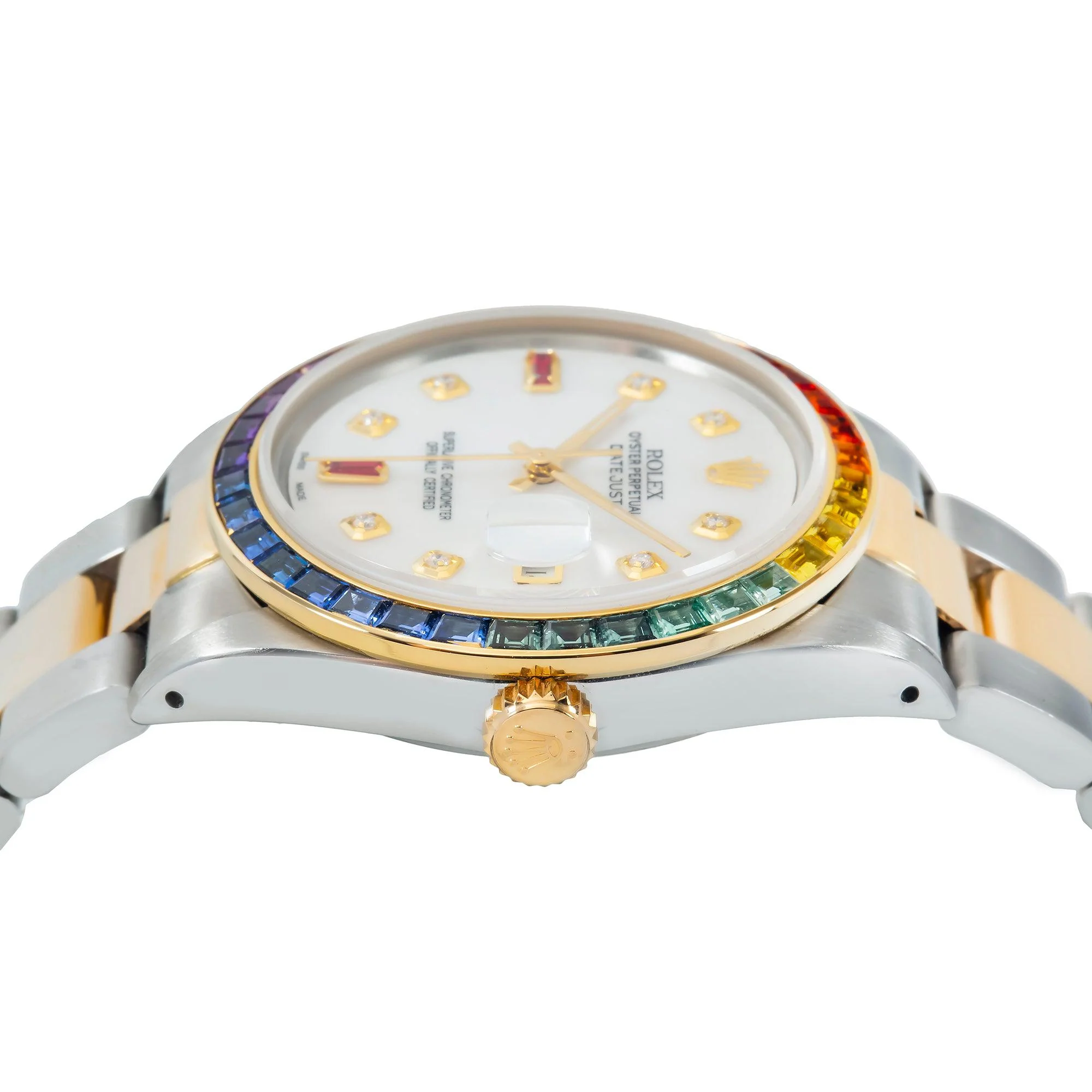 Rolex Datejust 36MM 16013 White Mother of Pearl Diamond Dial Rainbow Gemstone Bezel Two Tone Yellow Gold Oyster Bracelet - Image 4