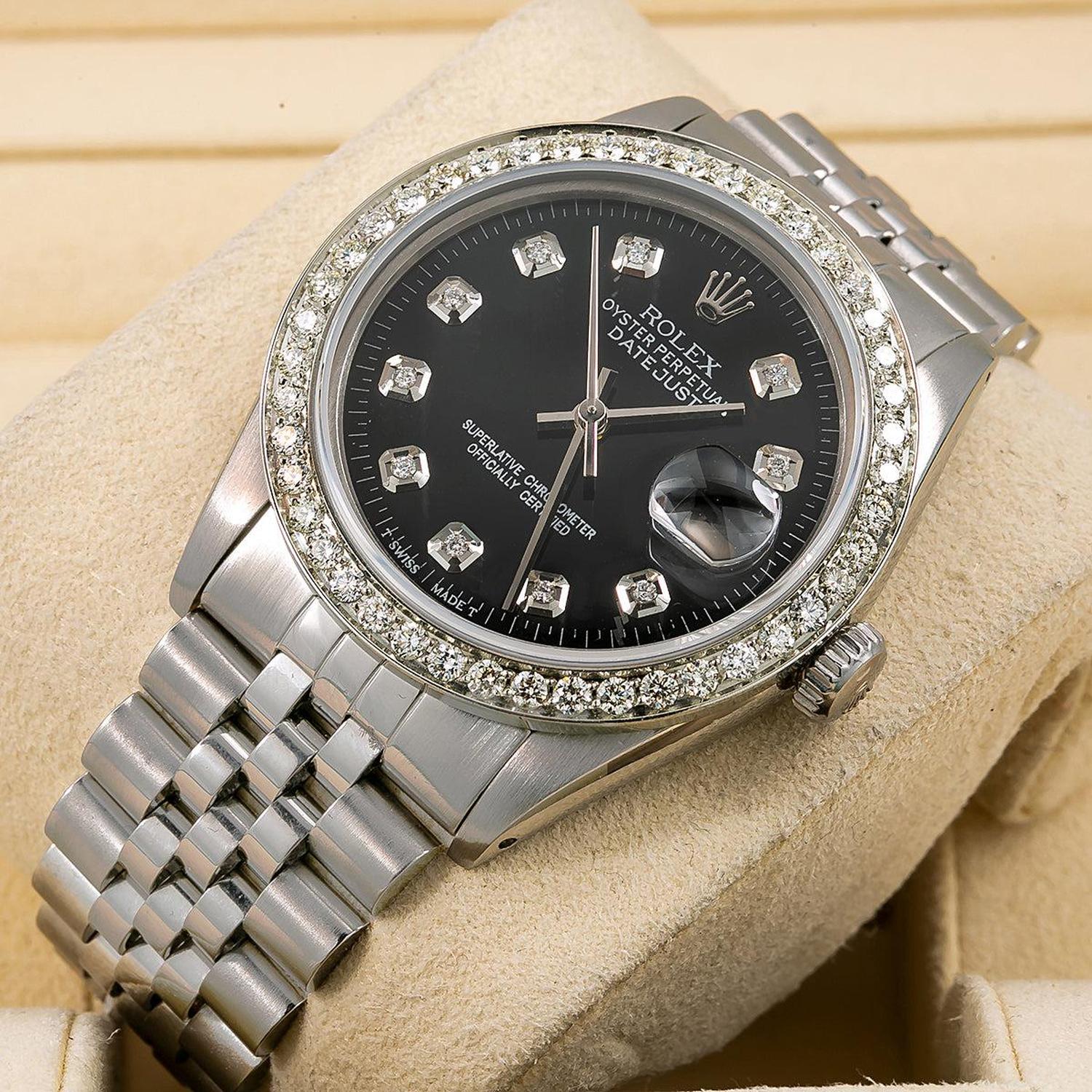 Rolex Datejust 36MM 16014 Black Diamond Dial Diamond Bezel Stainless Steel Jubilee Bracelet 1.4ct - Image 2