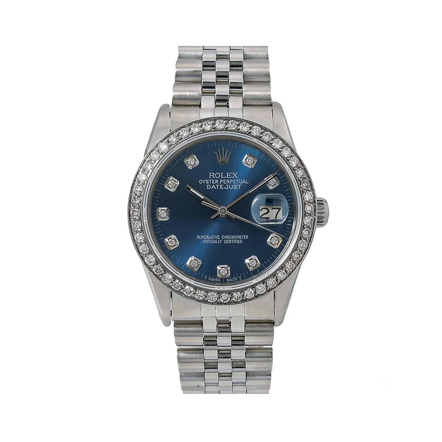 Rolex Datejust 36MM 16014 Blue Diamond Dial Diamond Bezel Stainless Steel Jubilee Bracelet 1.2ct