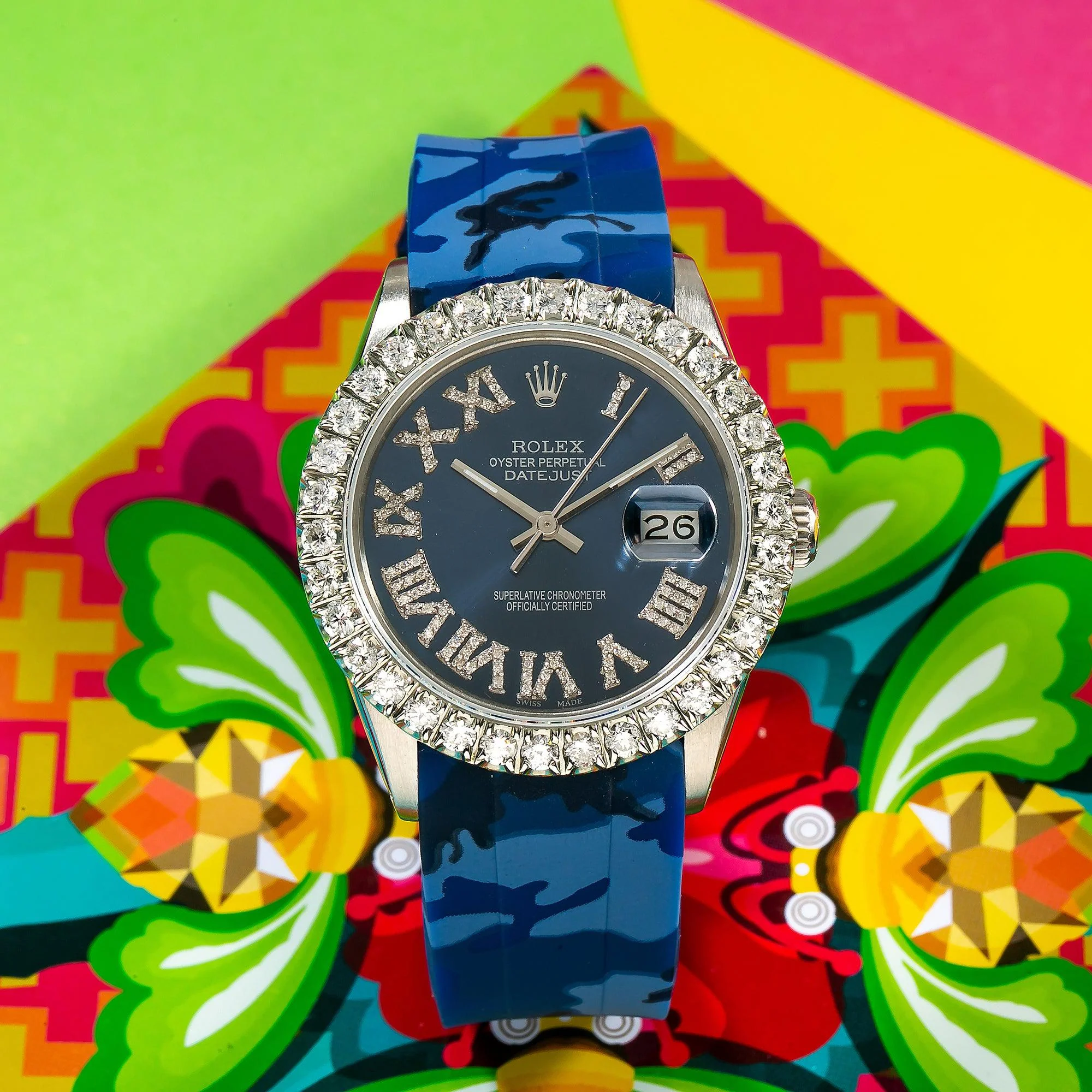 Rolex Datejust 36MM 16014 Blue Roman Diamond Dial Diamond Bezel Blue Camo Rubber Strap 4ct - Image 3