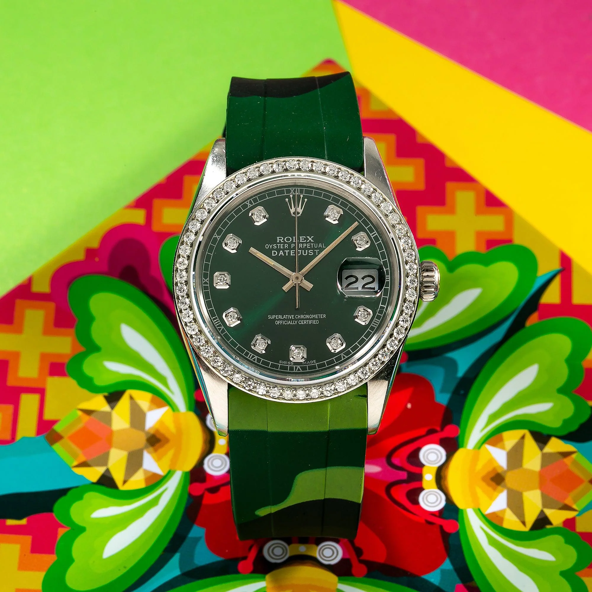 Rolex Datejust 36MM 16014 Green Diamond Dial Diamond Bezel Green Camo Rubber Strap - Image 3