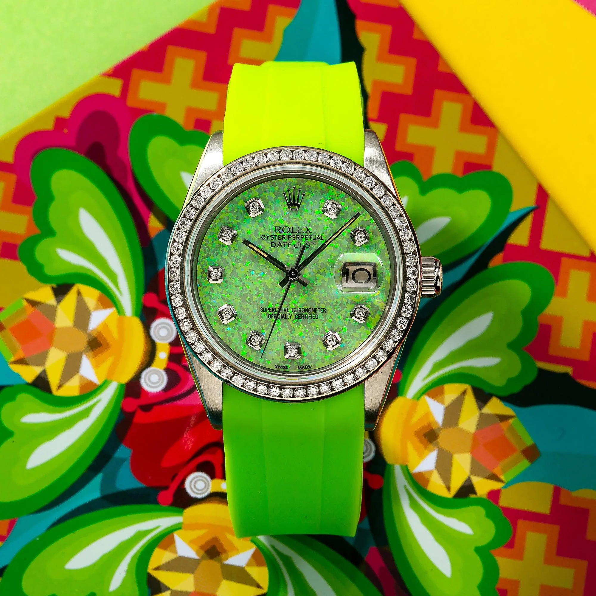Rolex Datejust 36MM 16014 Green Diamond Dial Diamond Bezel Green Rubber Strap - Image 2