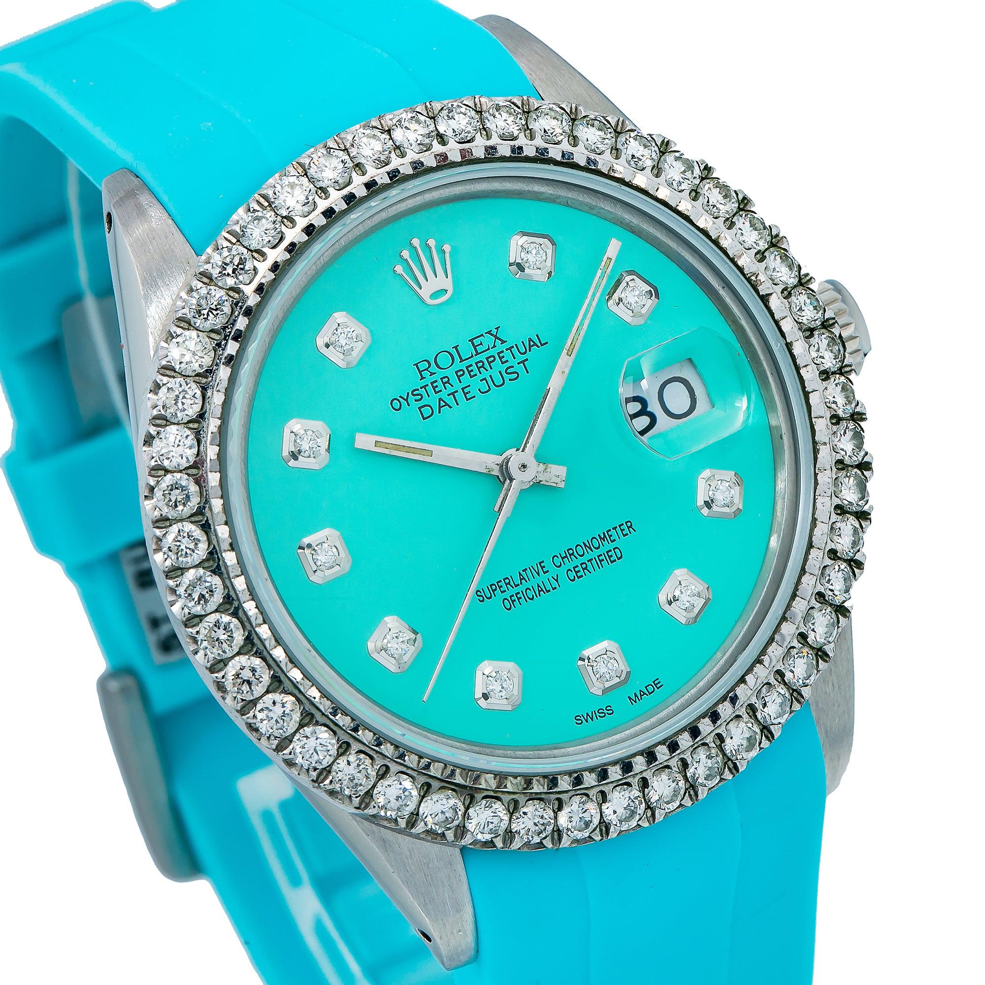 Rolex Datejust 36MM 16014 Turquoise Diamond Dial Diamond Bezel Blue Rubber Strap - Image 5