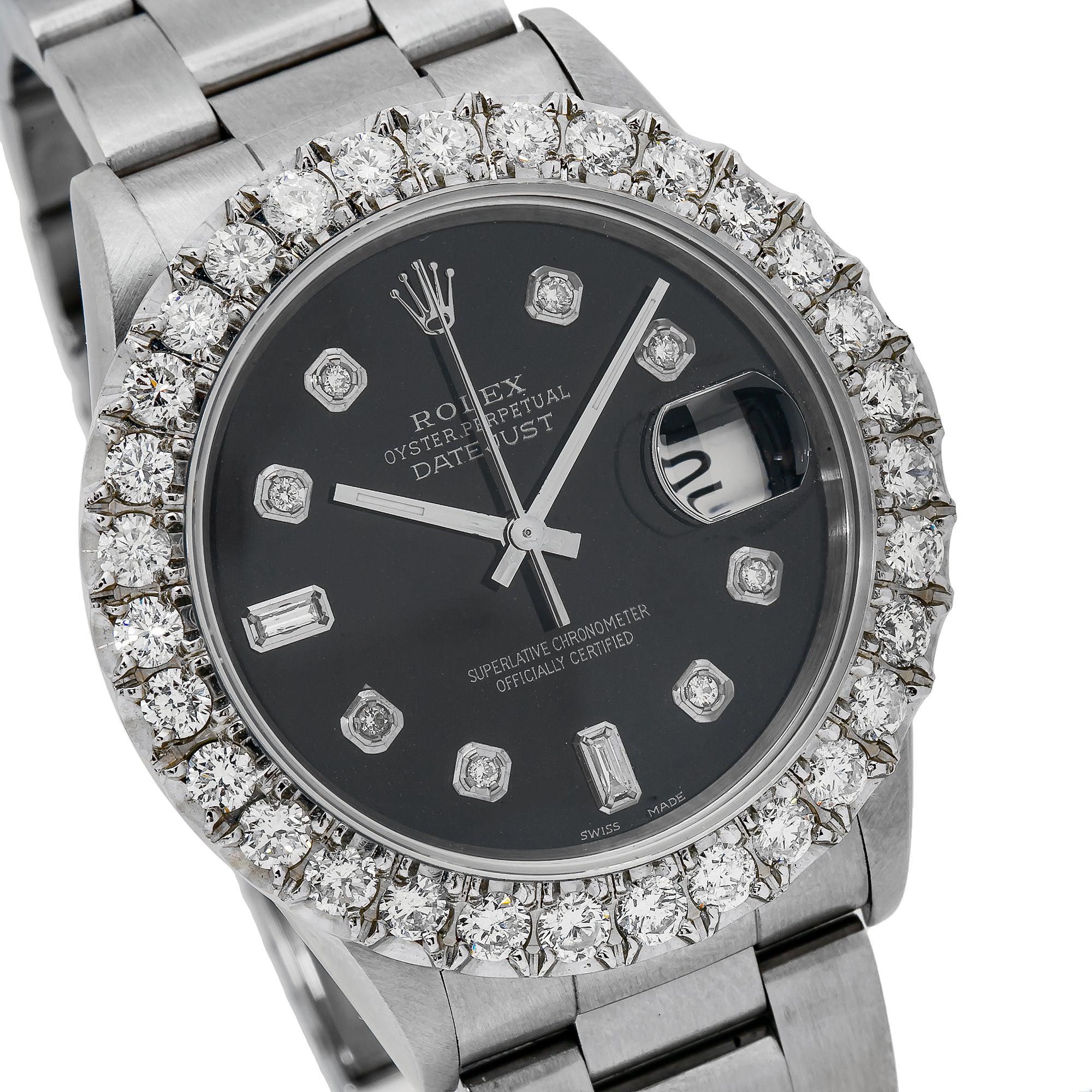 Rolex Datejust 36MM 16200 Black Diamond Dial Diamond Bezel Stainless Steel Oyster Bracelet 4ct - Image 4