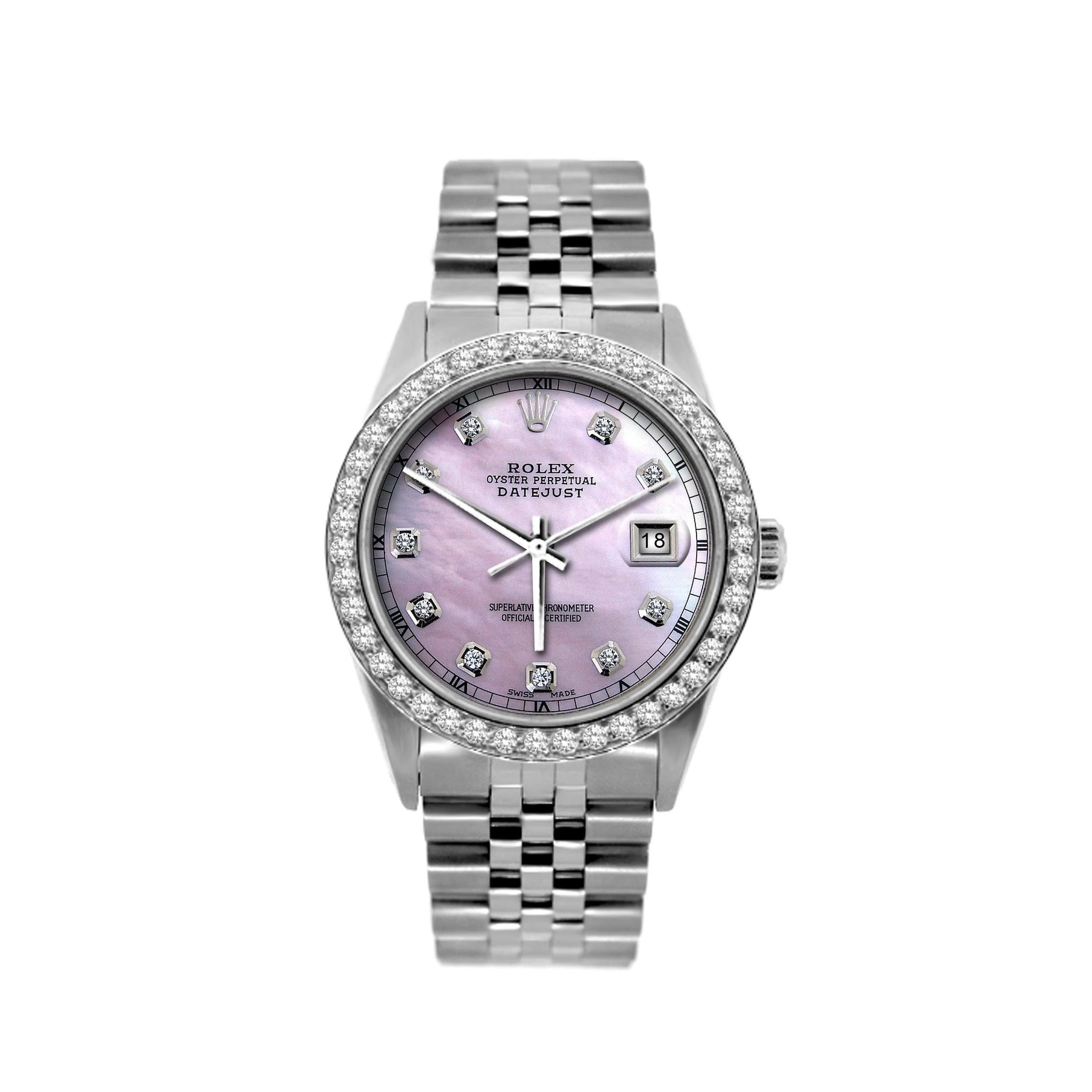 Rolex Datejust 36MM 16200 Pink Mother of Pearl Diamond Dial Diamond Bezel Stainless Steel Jubilee Bracelet 1.2ct