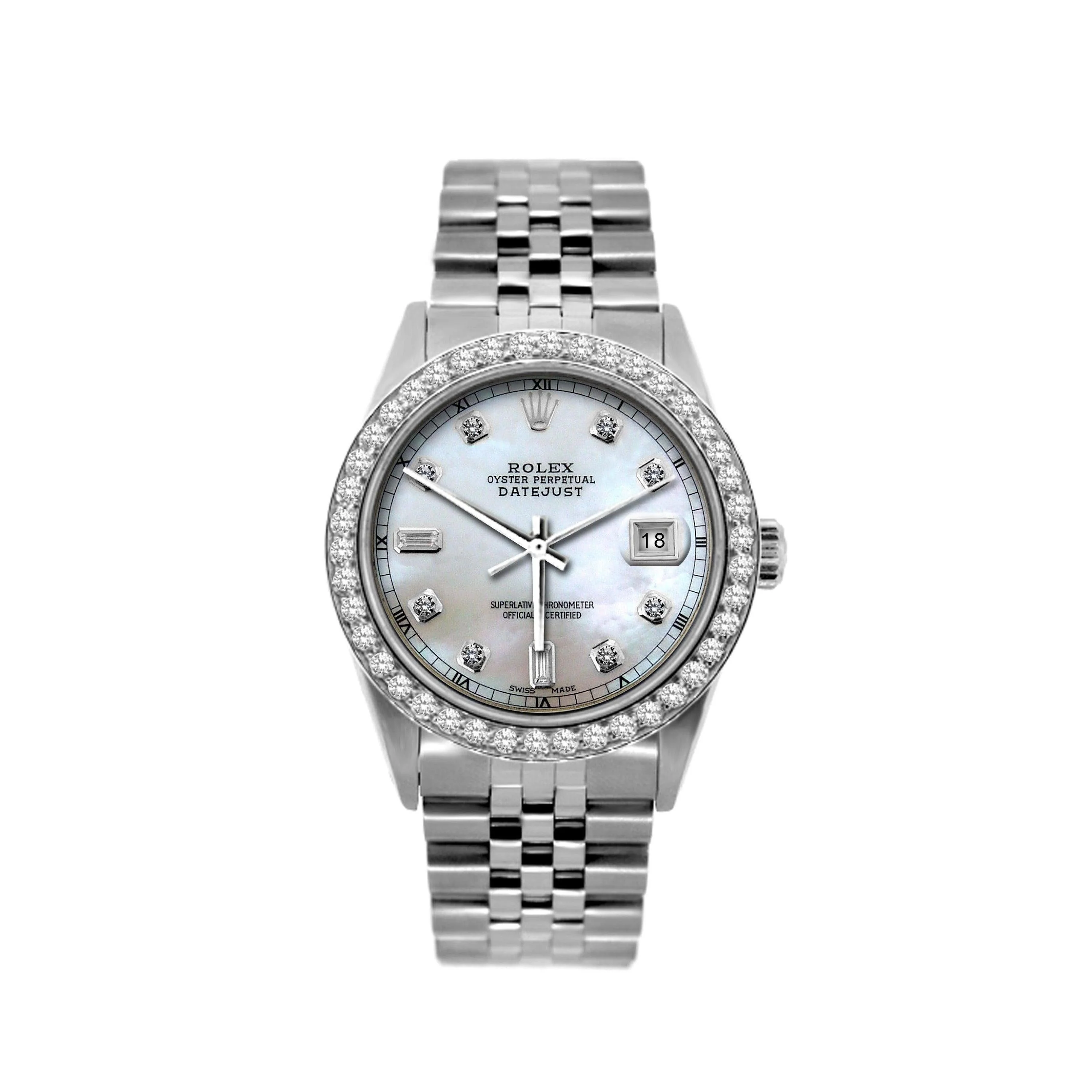 Rolex Datejust 36MM 16200 White Mother of Pearl Diamond Dial Diamond Bezel Stainless Steel Jubilee Bracelet 1.2ct