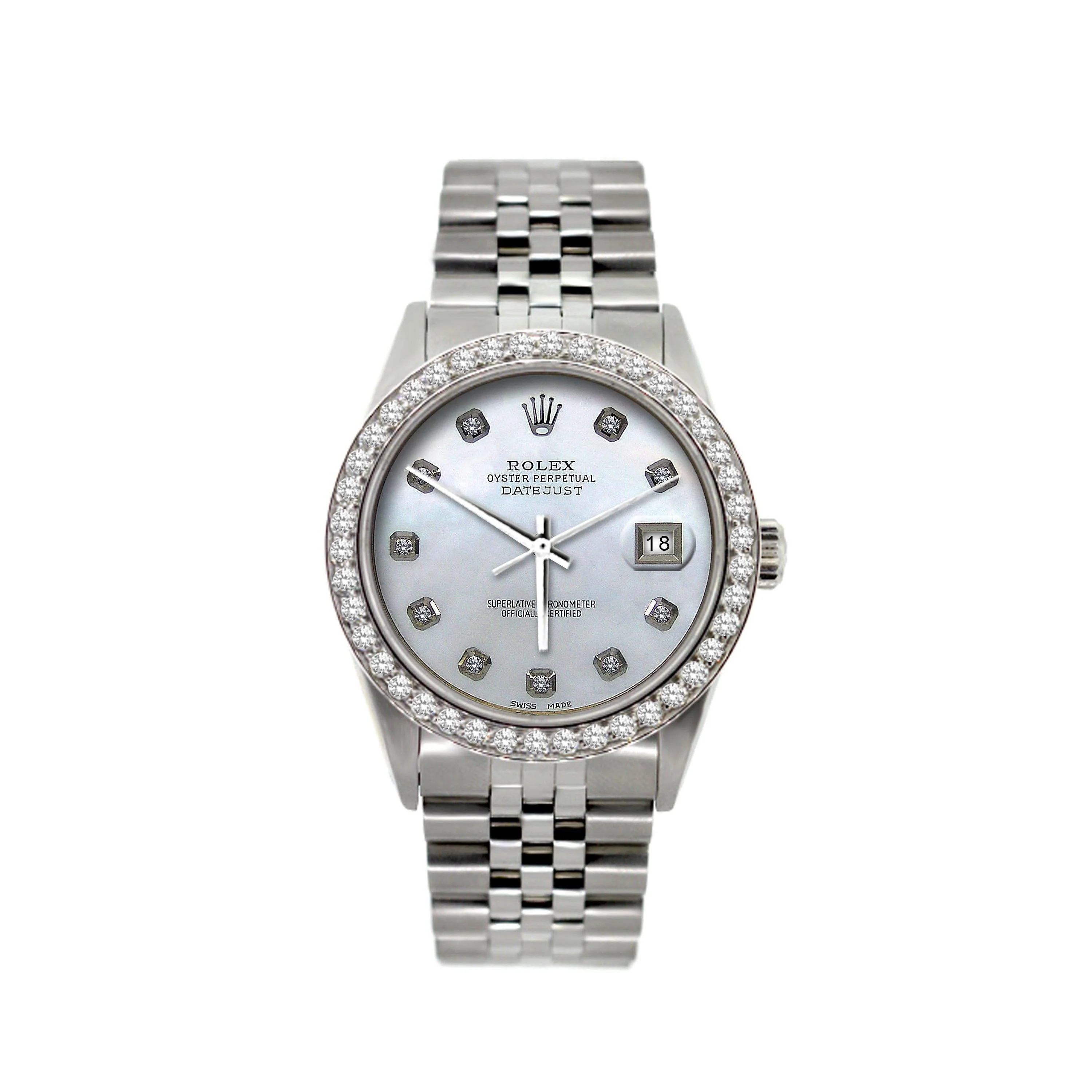 Rolex Datejust 36MM 16200 White Mother of Pearl Diamond Dial Diamond Bezel Stainless Steel Jubilee Bracelet 1.2ct
